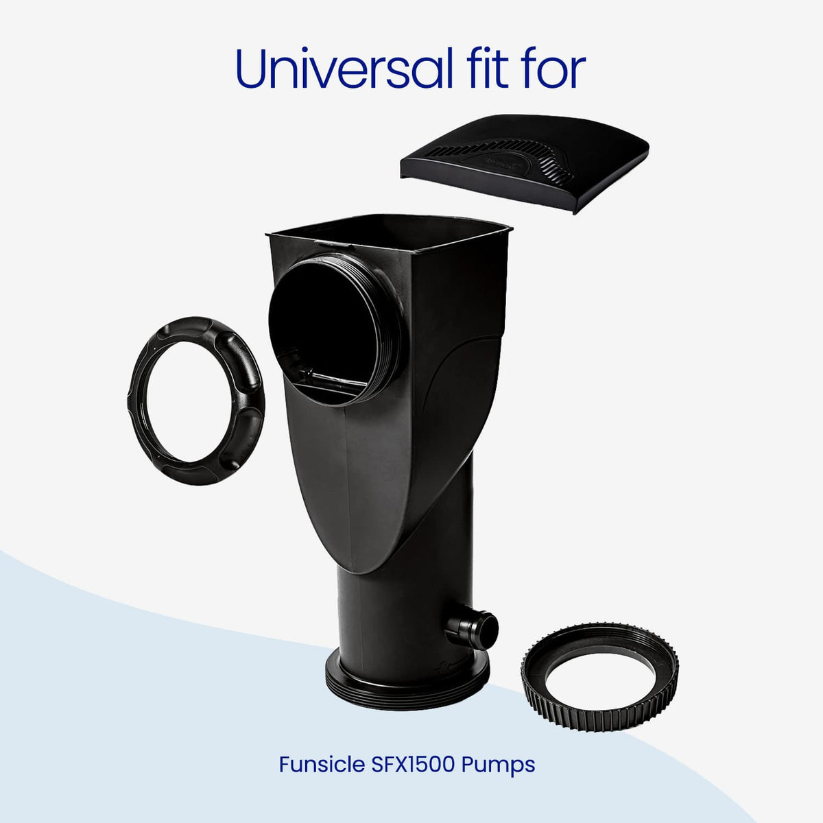 Black Funsicle pool pump component, labeled 'Universal fit for Funsicle SFX1500 Pumps.'