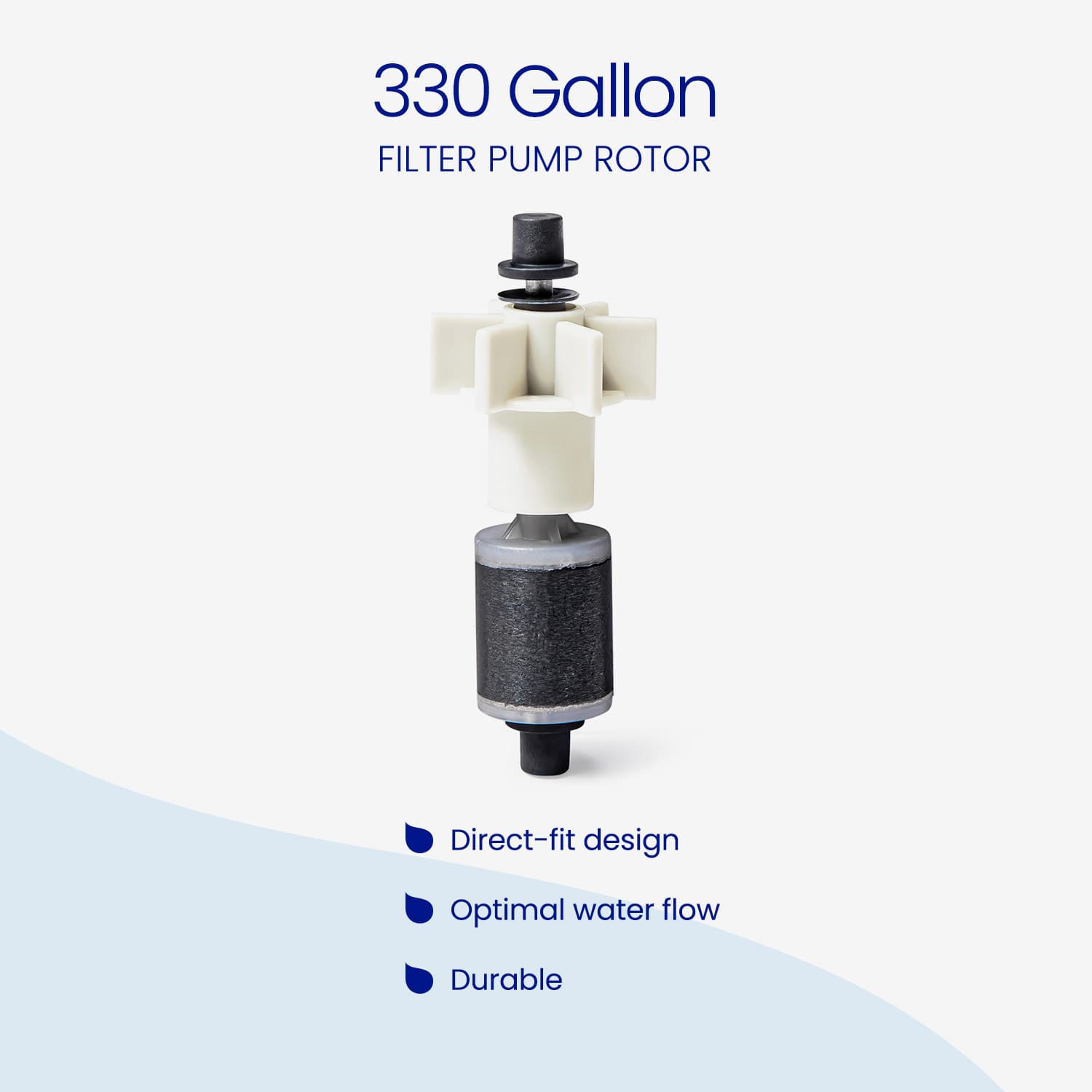 330 Gallon Filter Pump Rotor with features listed on a light gray background