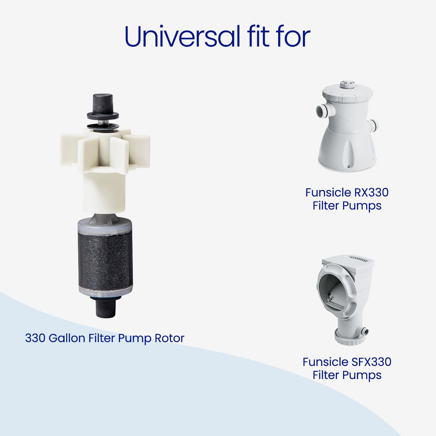 Filter pump components with text indicating 'Universal fit for' and product names.