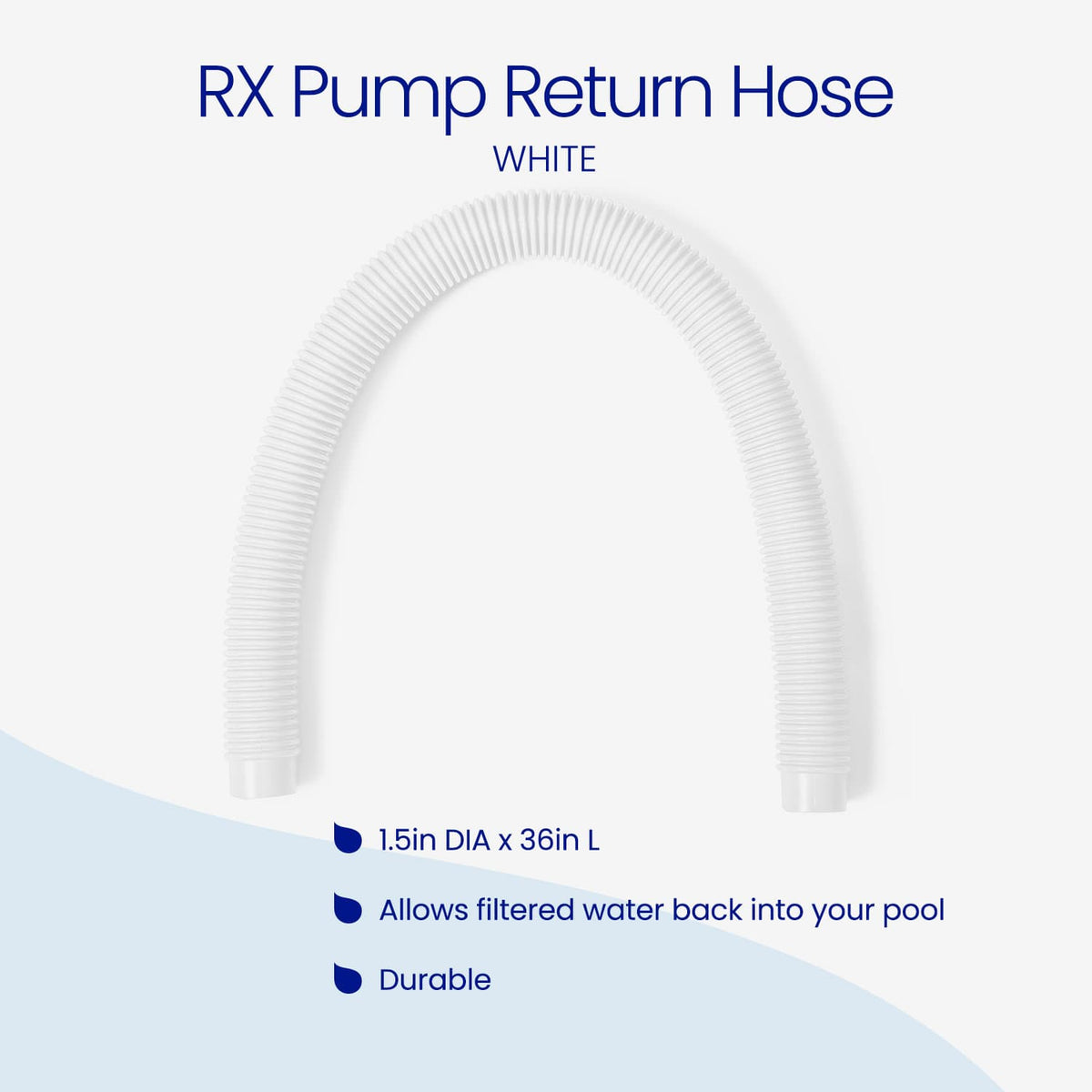 White Funsicle RX Pump Return Hose, a flexible ribbed hose measuring 1.5 inches in diameter and 36 inches long. Features: allows filtered water back into your pool and durable construction.