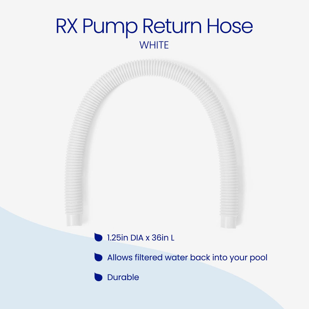 White Funsicle RX Pump Return Hose, a flexible ribbed hose measuring 1.25 inches in diameter and 36 inches long. Features: allows filtered water back into your pool and durable construction.