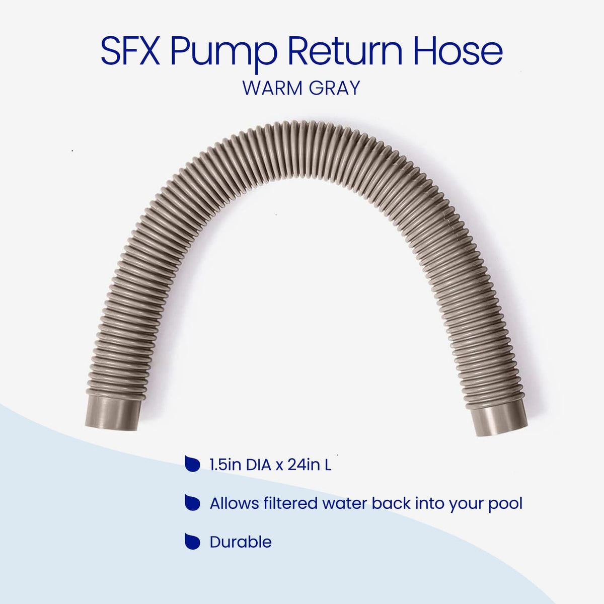 Gray Funsicle SFX Pump Return Hose, a flexible ribbed hose measuring 1.5 inches in diameter and 24 inches long. Features: allows filtered water back into your pool and durable construction.