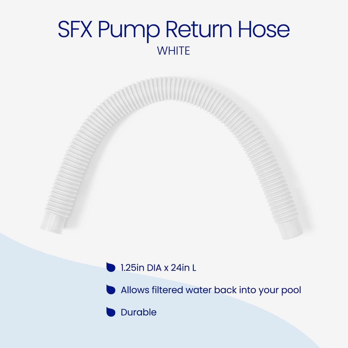 White Funsicle SFX Pump Return Hose, a flexible ribbed hose measuring 1.25 inches in diameter and 24 inches long. Features: allows filtered water back into your pool and durable construction.