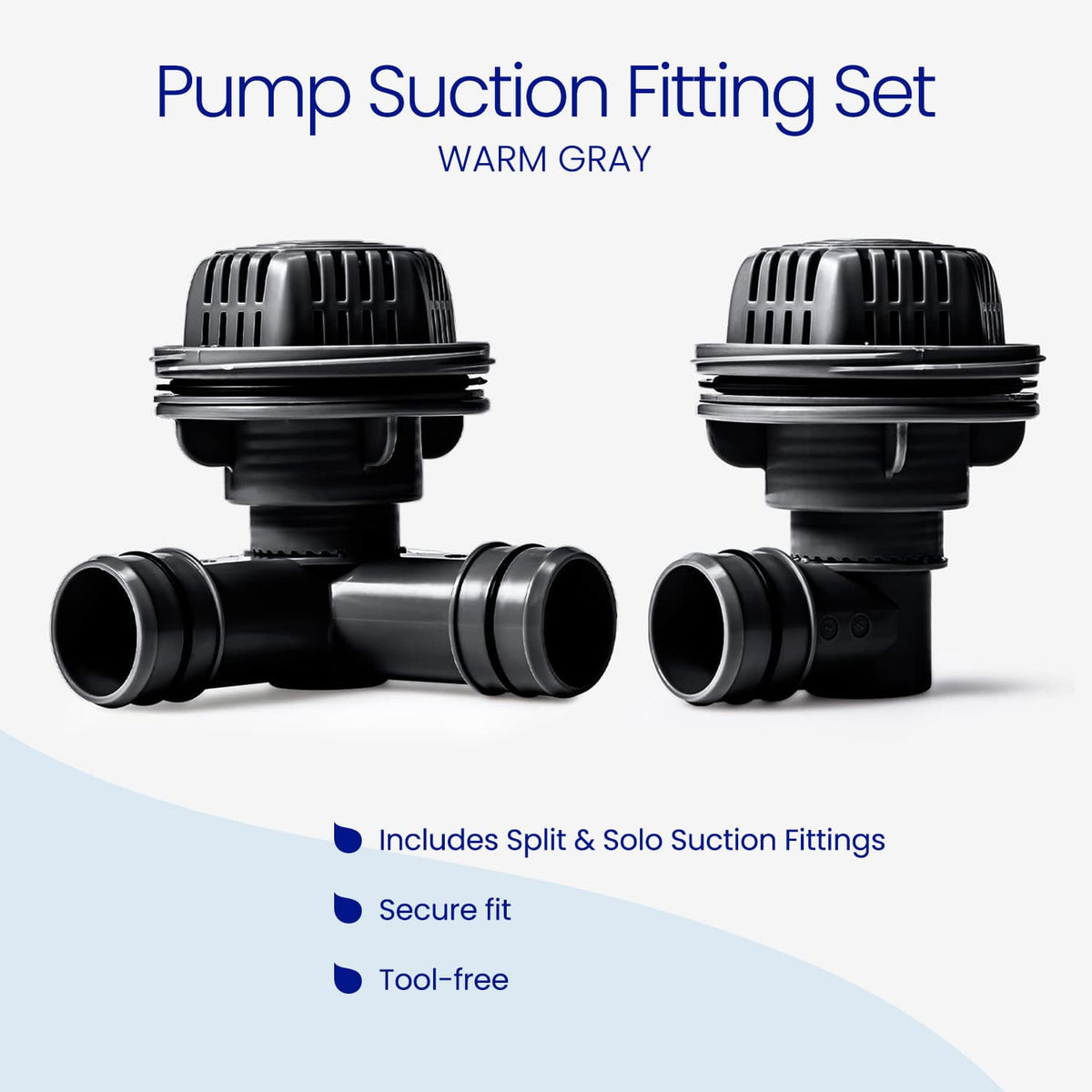 White Funsicle Pump Suction Fitting Set, including a split suction fitting with two hose ports and a solo suction fitting with one port, each topped with a strainer cap. Features: secure fit and tool-free installation.