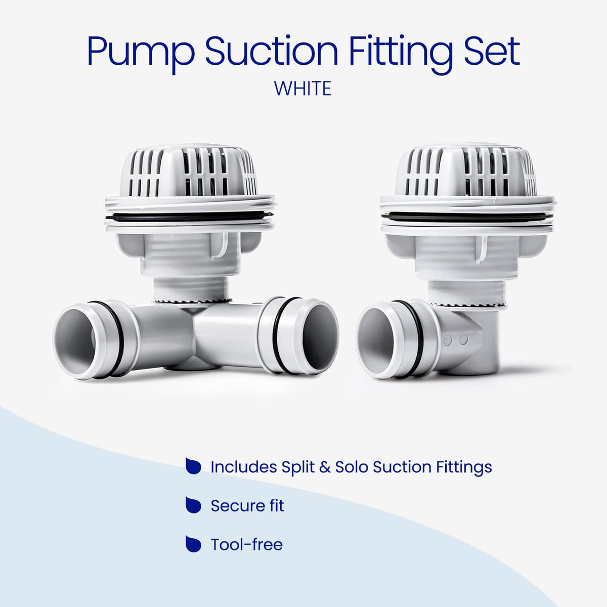 White Funsicle Pump Suction Fitting Set, including a split suction fitting with two hose ports and a solo suction fitting with one port, each topped with a strainer cap. Features: secure fit and tool-free installation.