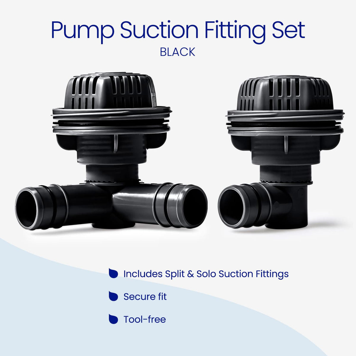 Black Funsicle Pump Suction Fitting Set, including a split suction fitting with two hose ports and a solo suction fitting with one port, each topped with a strainer cap. Features: secure fit and tool-free installation.