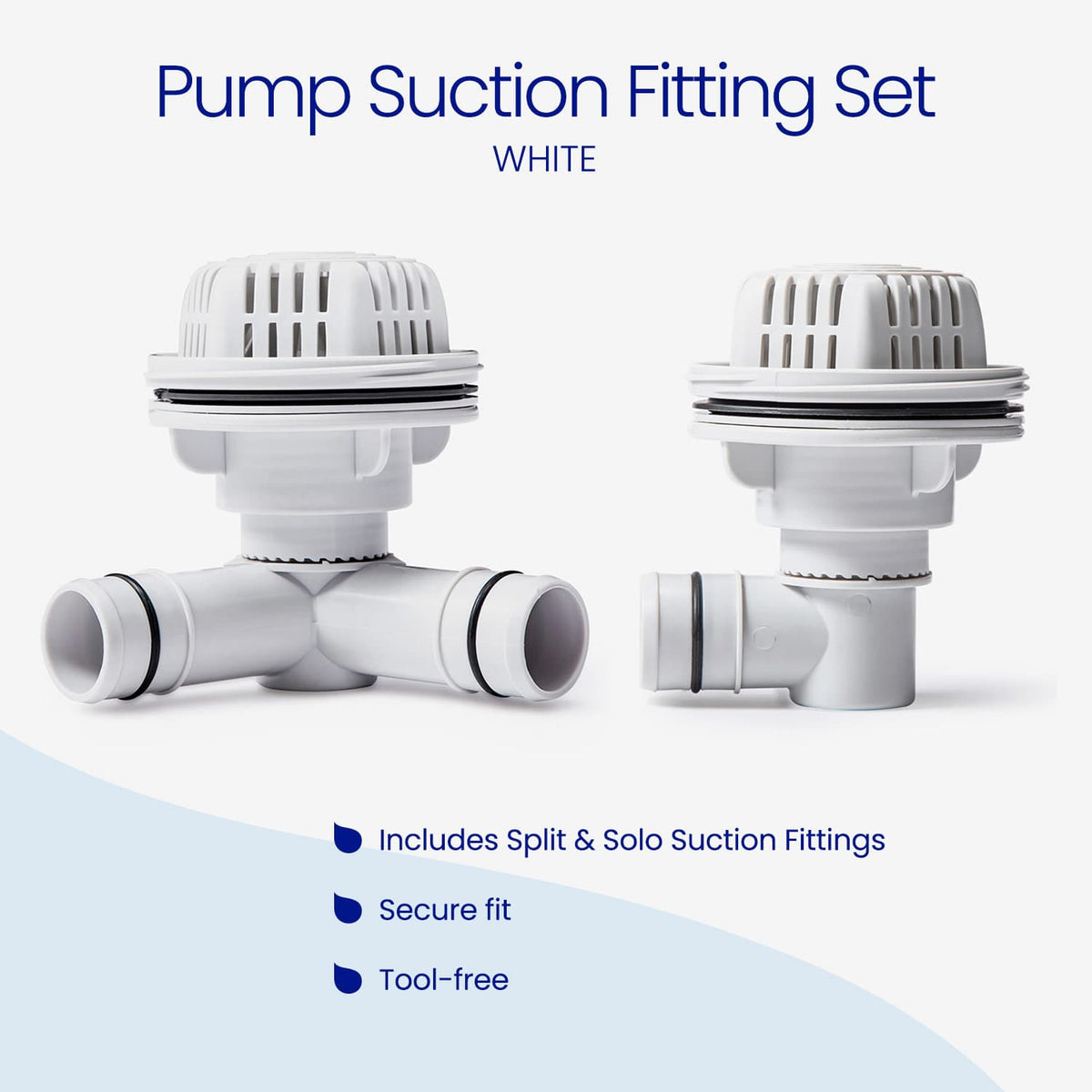 White Funsicle Pump Suction Fitting Set, including a split suction fitting with two hose ports and a solo suction fitting with one port, each topped with a strainer cap. Features: secure fit and tool-free installation.
