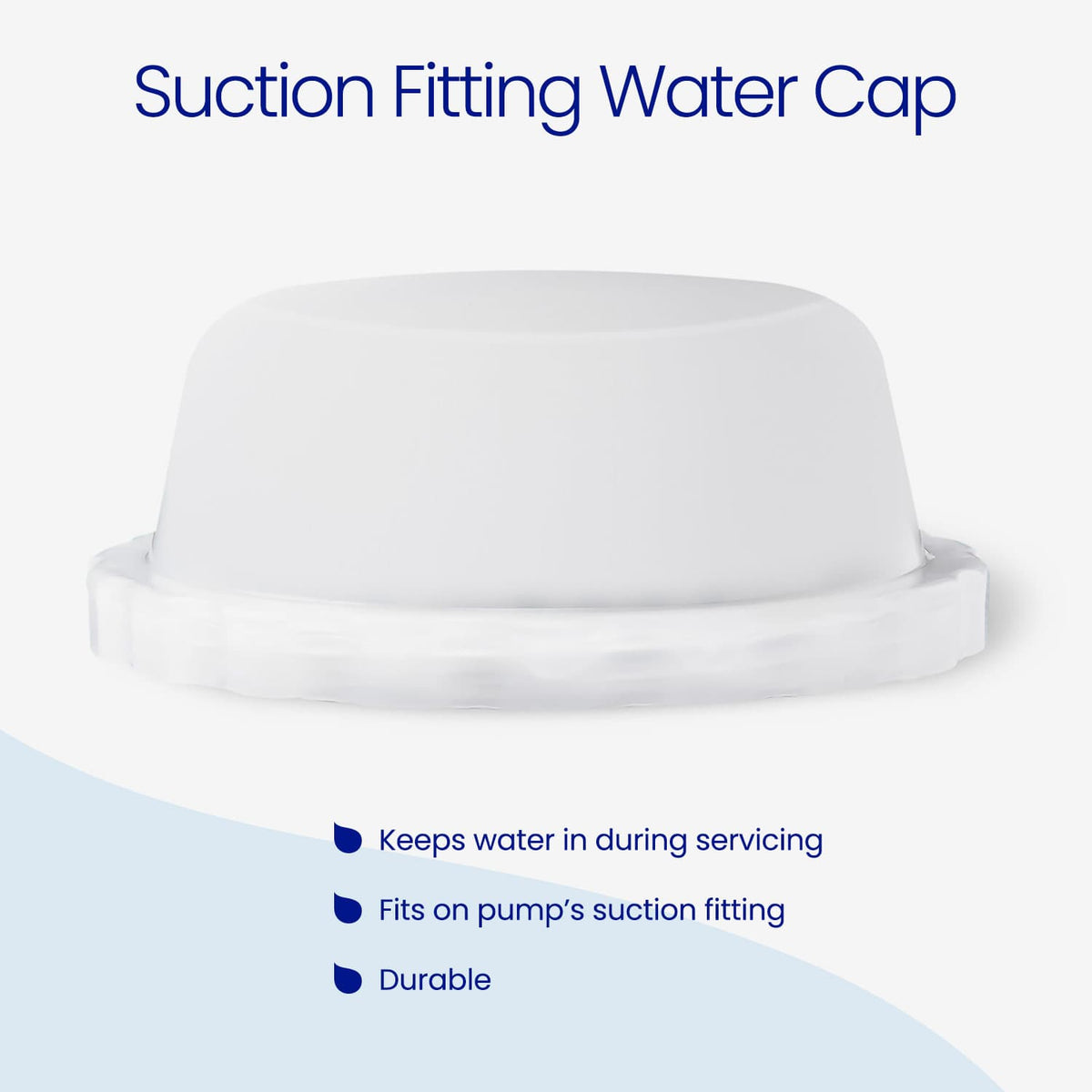 A white Funsicle plastic suction fitting water cap shown on a clean white background with blue text and feature callouts.