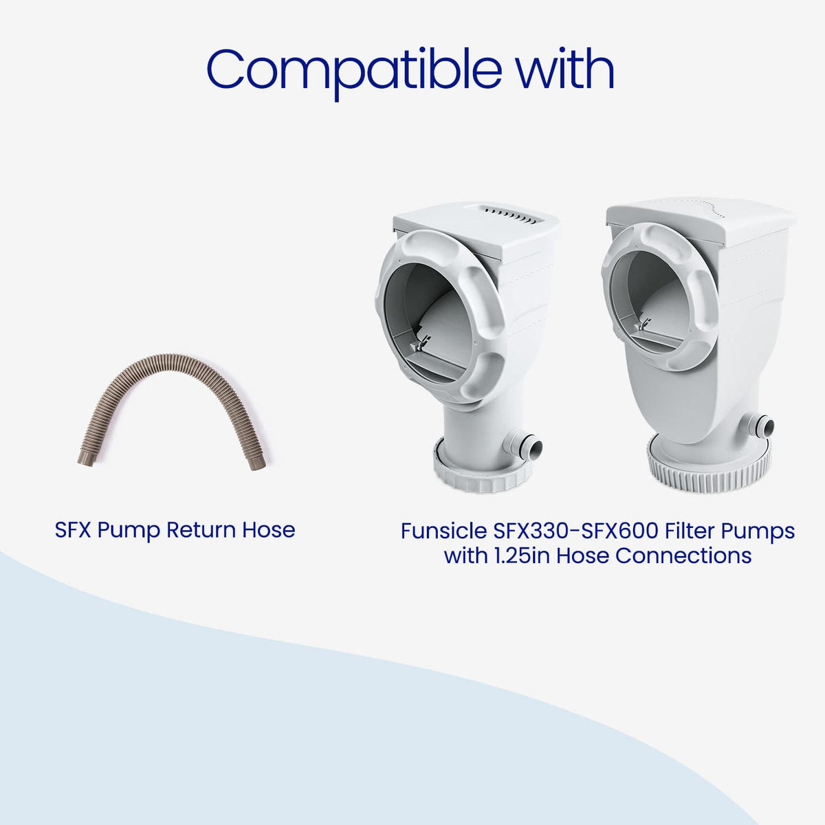 Warm gray Funsicle SFX Pump Return Hose shown beside two Funsicle filter pumps, indicating compatibility with SFX330–SFX600 filter pumps with 1.25-inch hose connections.