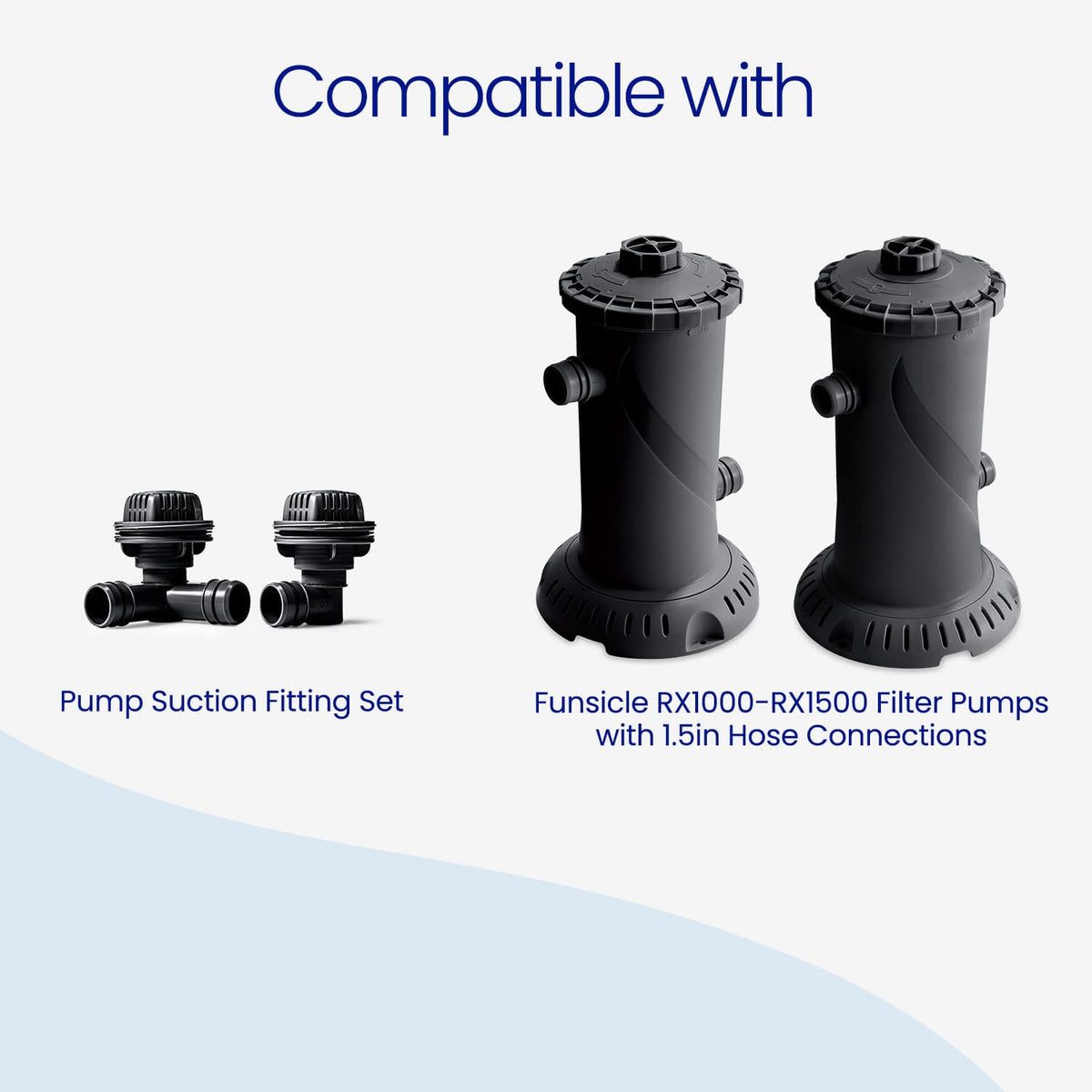 Compatibility graphic showing pump suction fitting set and Funsicle RX1000-RX1500 filter pumps with 1.5in hose connections under the heading 'Compatible with' on a light gray background with a pale blue wave shape.