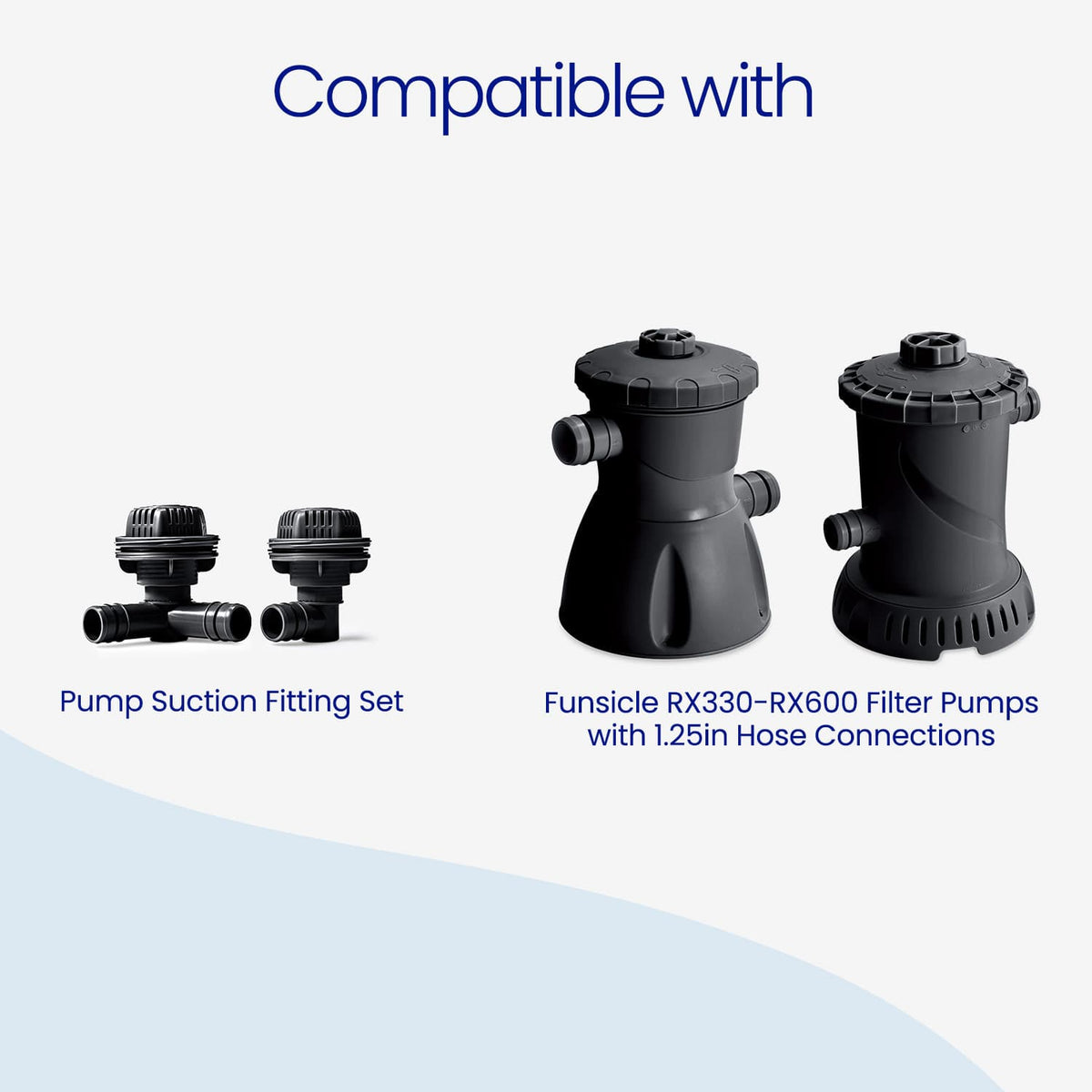 Black Funsicle Pump Suction Fitting Set shown beside two Funsicle cartridge filter pumps, indicating compatibility with RX330–RX600 filter pumps with 1.25-inch hose connections.