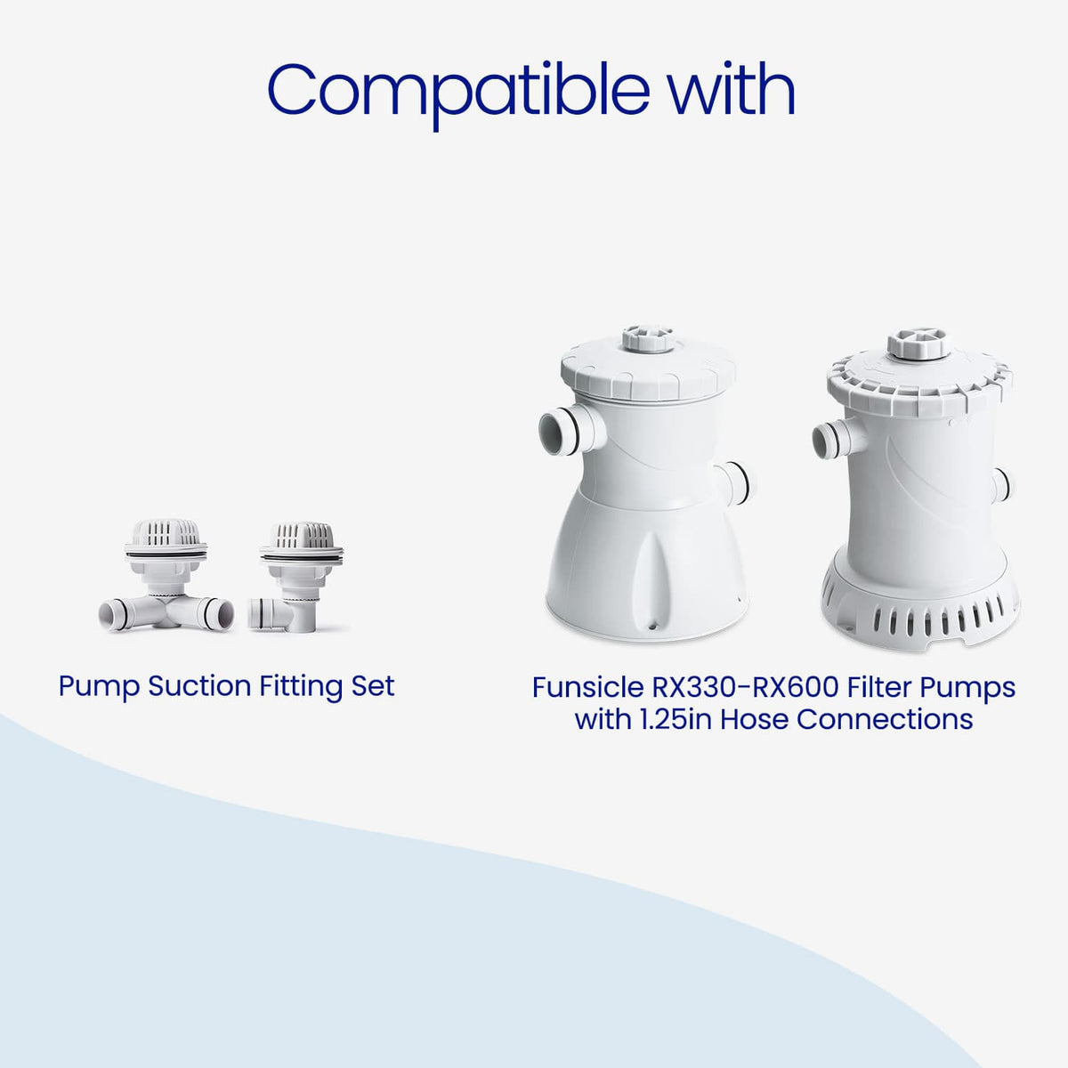 White Funsicle Pump Suction Fitting Set shown beside two Funsicle cartridge filter pumps, indicating compatibility with RX330–RX600 filter pumps with 1.25-inch hose connections.