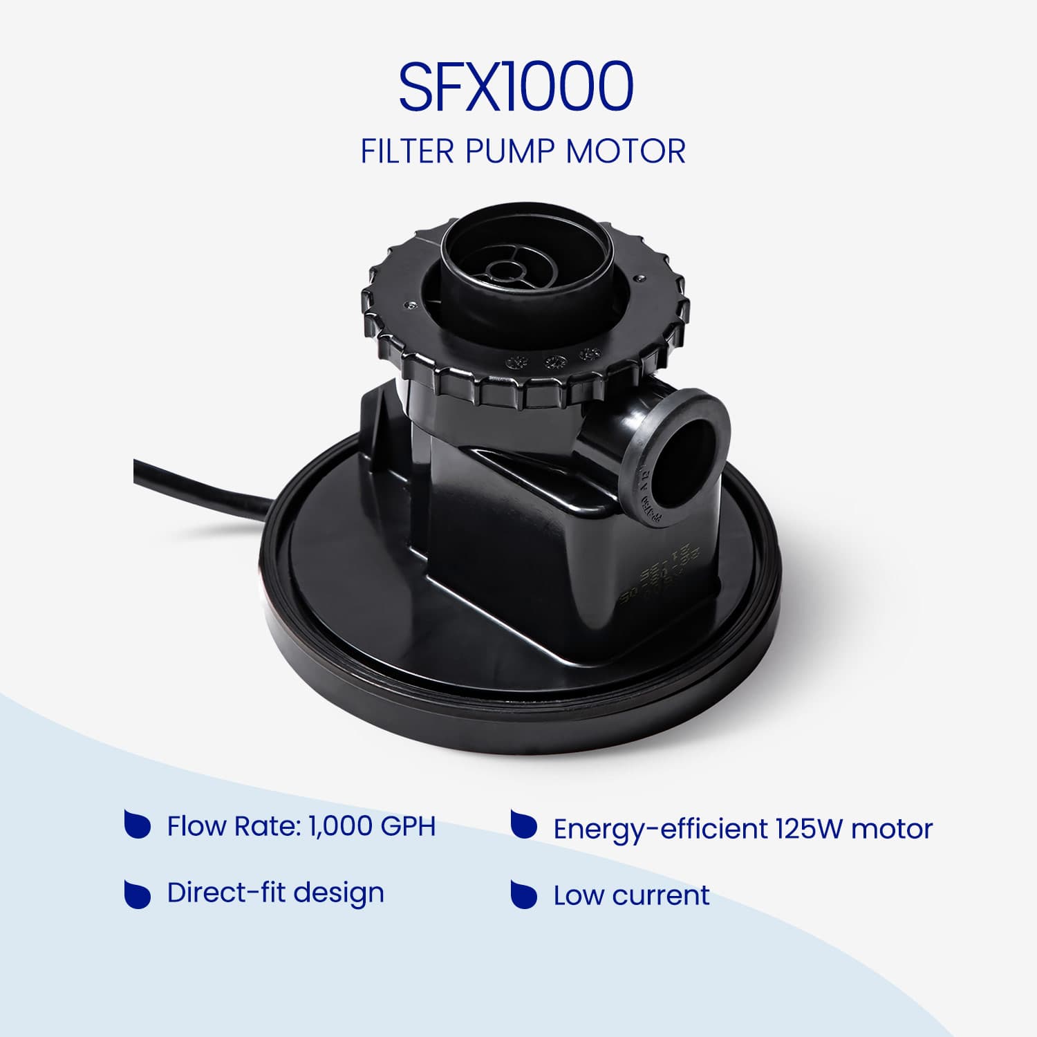 Black filter pump motor with specifications on a white background