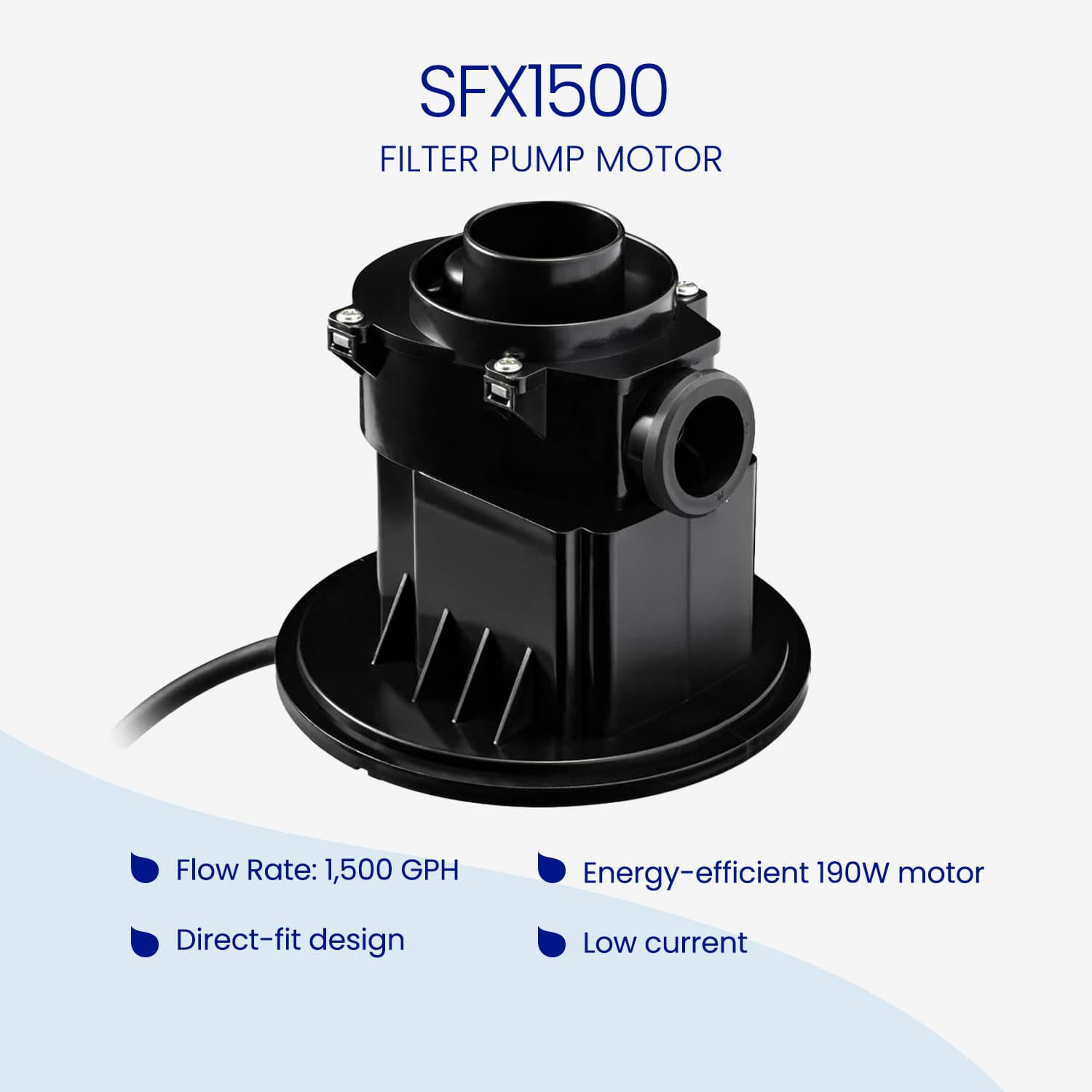Black filter pump motor with specifications on a white background