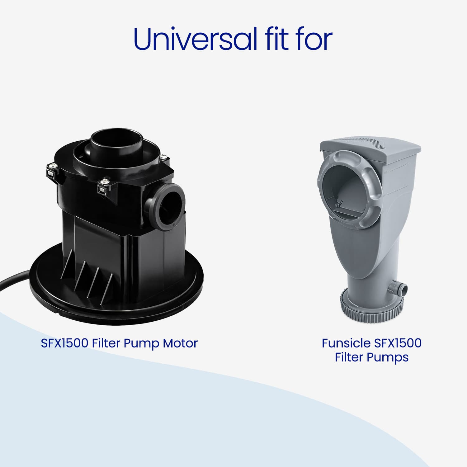 Two filter pump components with text indicating 'Universal fit' on a light blue background.