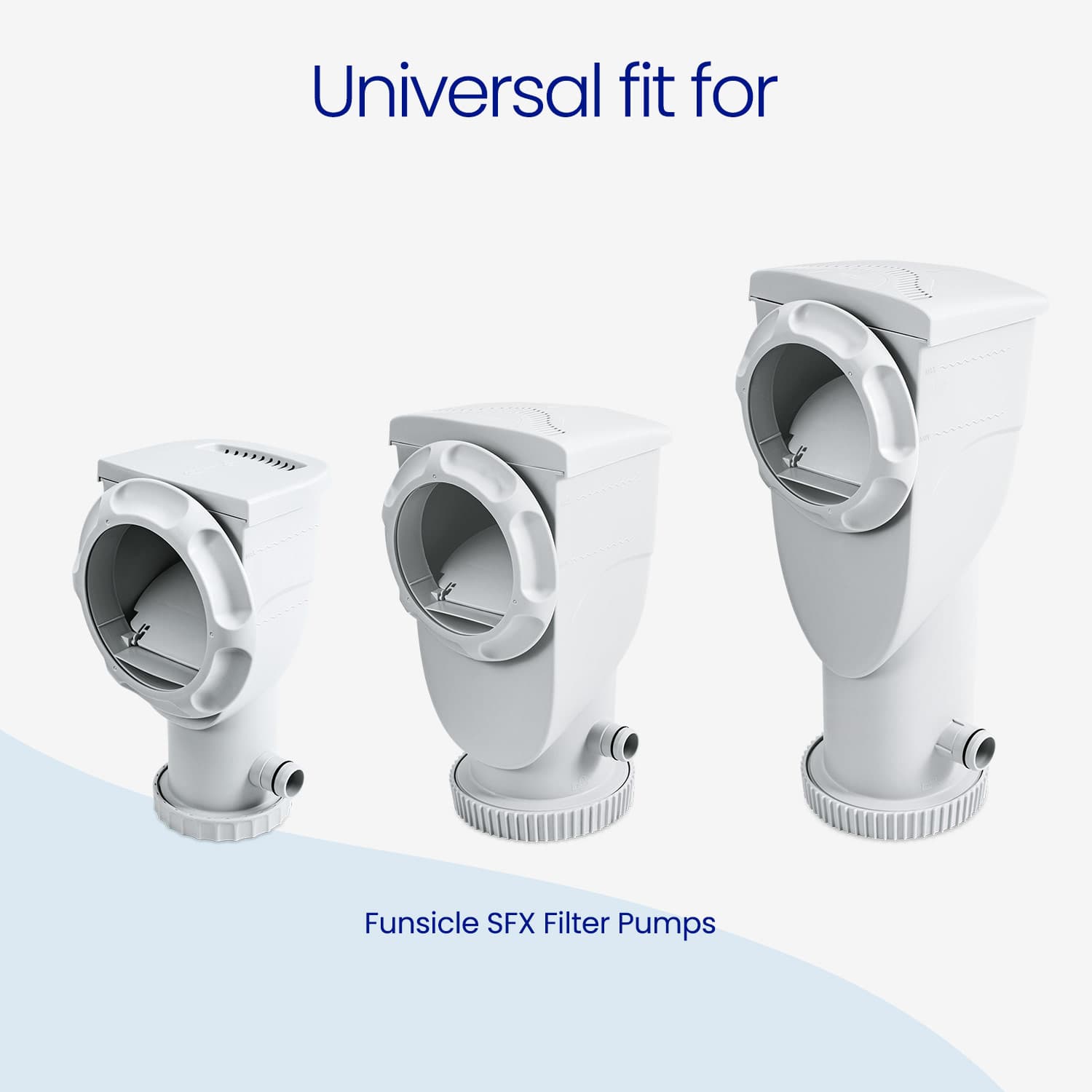 Three white filter pump components with text indicating universal fit for Funsicle SFX Filter Pumps on a light blue background.