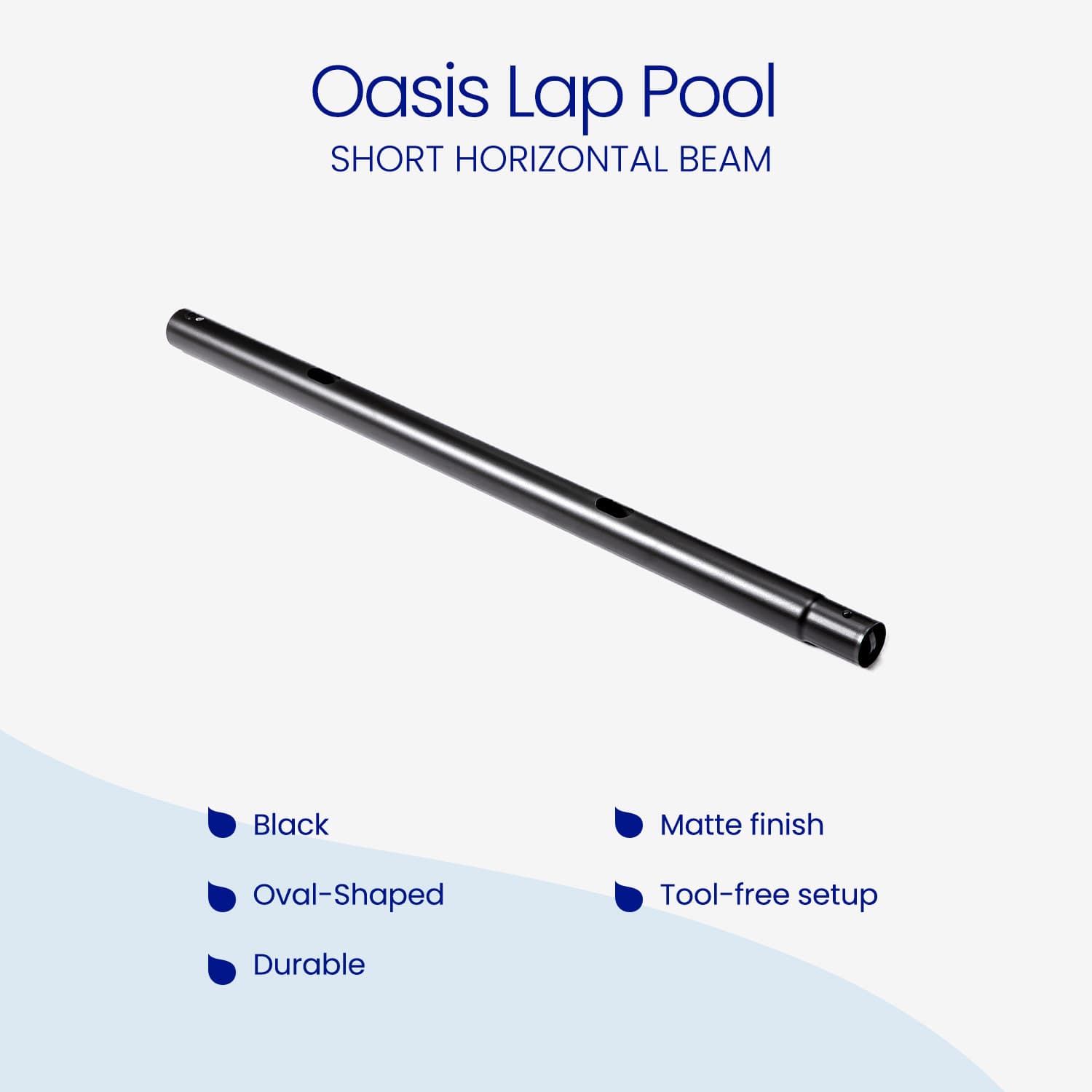 Oval-shaped black horizontal beam with product features listed on a white background