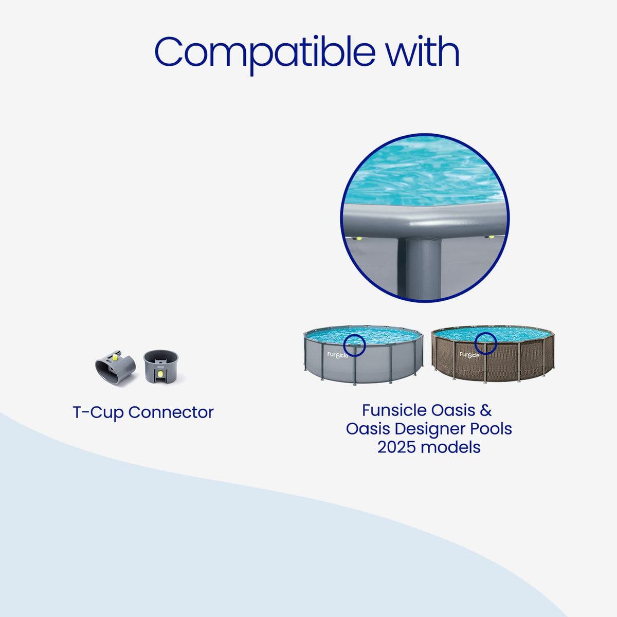 Funsicle T-Cup Connectors shown beside a gray Funsicle Oasis pool and rattan Oasis Designer pool, with a close-up of the connector joining the top rail to a vertical leg. Compatible with 2025 Funsicle Oasis and Oasis Designer Pools.