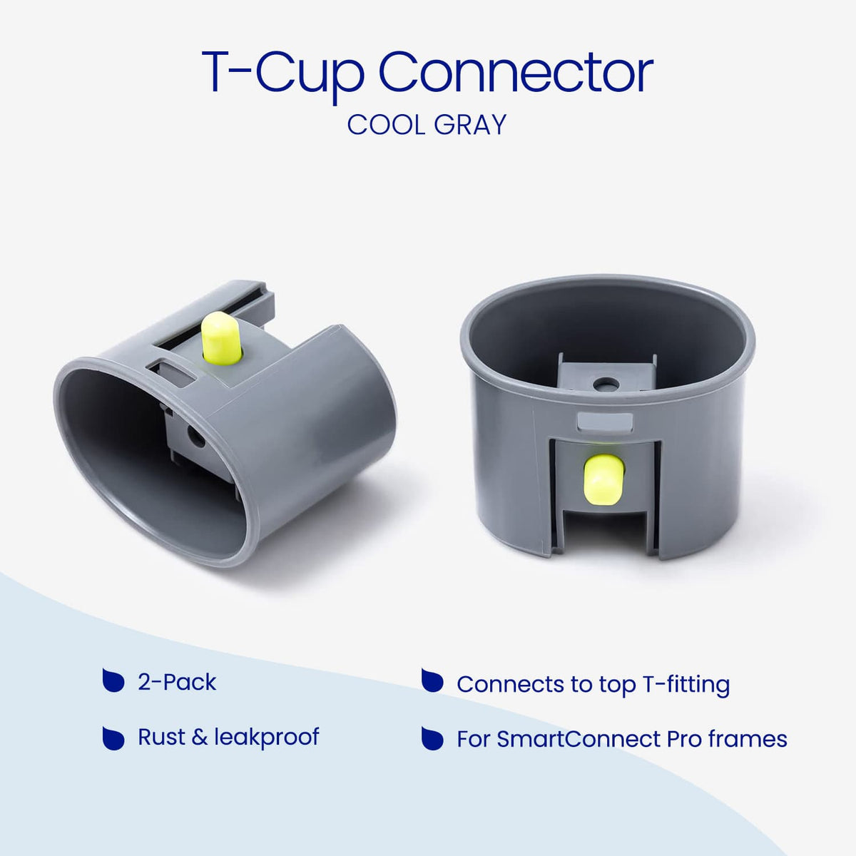 2-pack of cool gray Funsicle T-Cup Connectors with yellow push-button locking pins. Features: connects to the top T-fitting, rust-proof and leakproof, and designed for SmartConnect Pro frames.