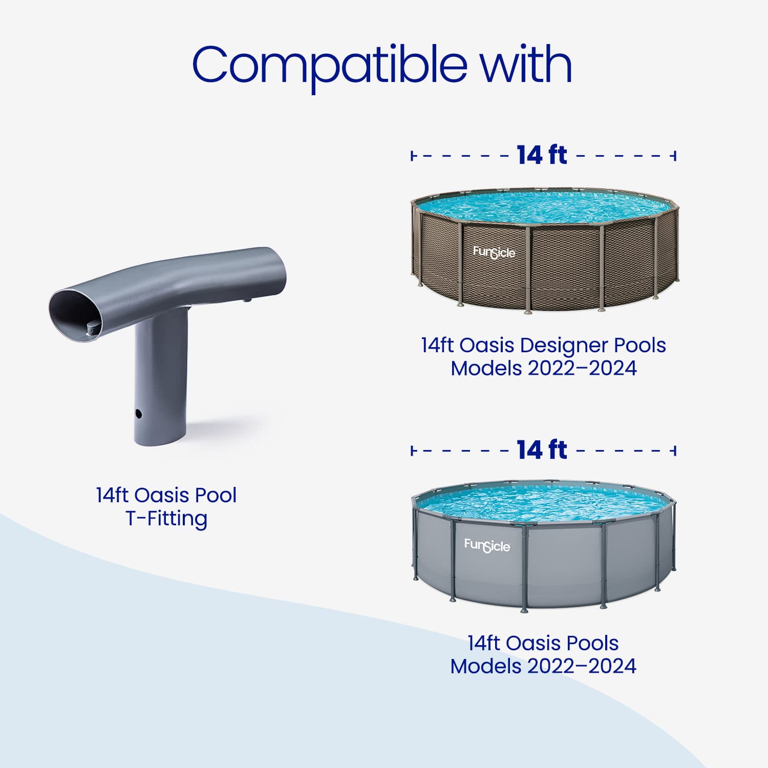 Funsicle pool components including a T-fitting and two pool models on a white background.