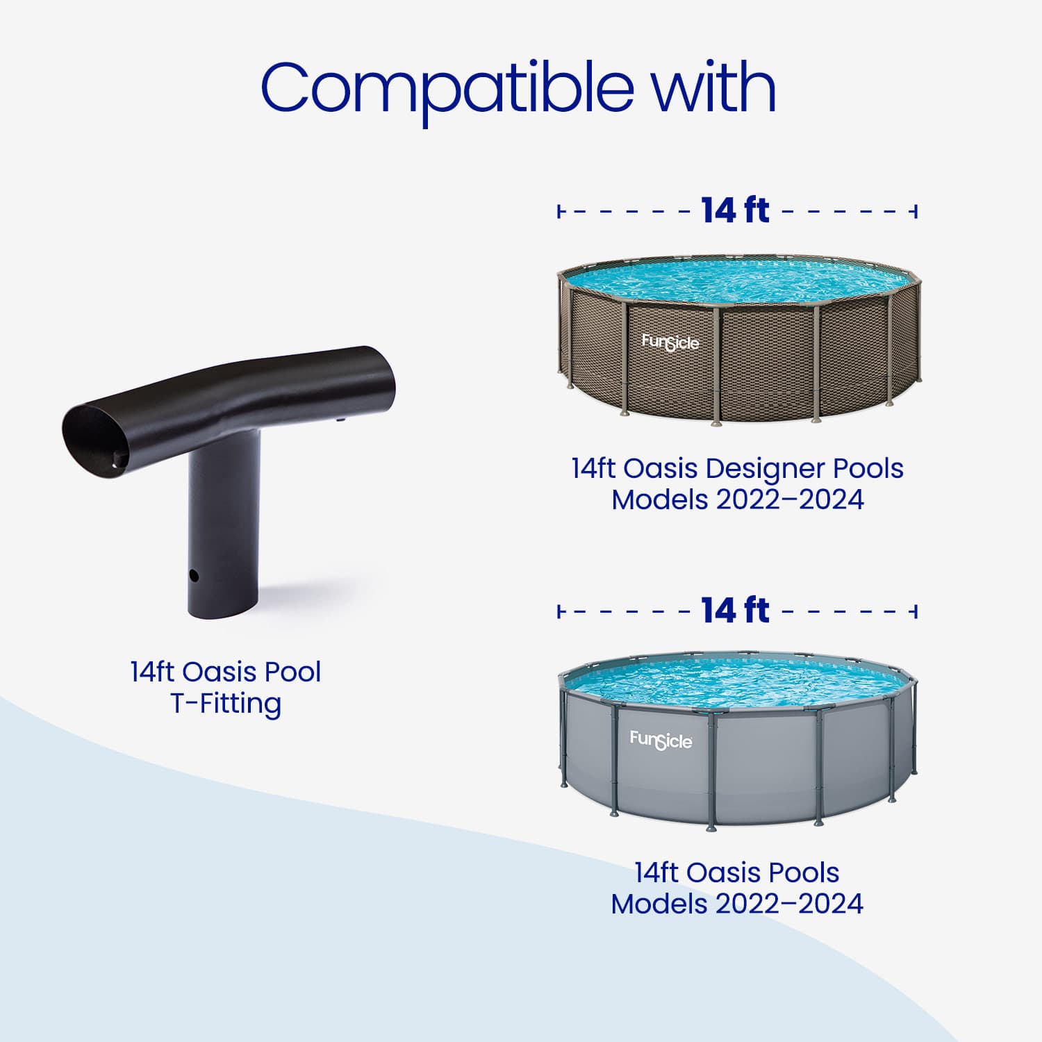 Funsicle pool components including a T-fitting and two pool models on a white background.