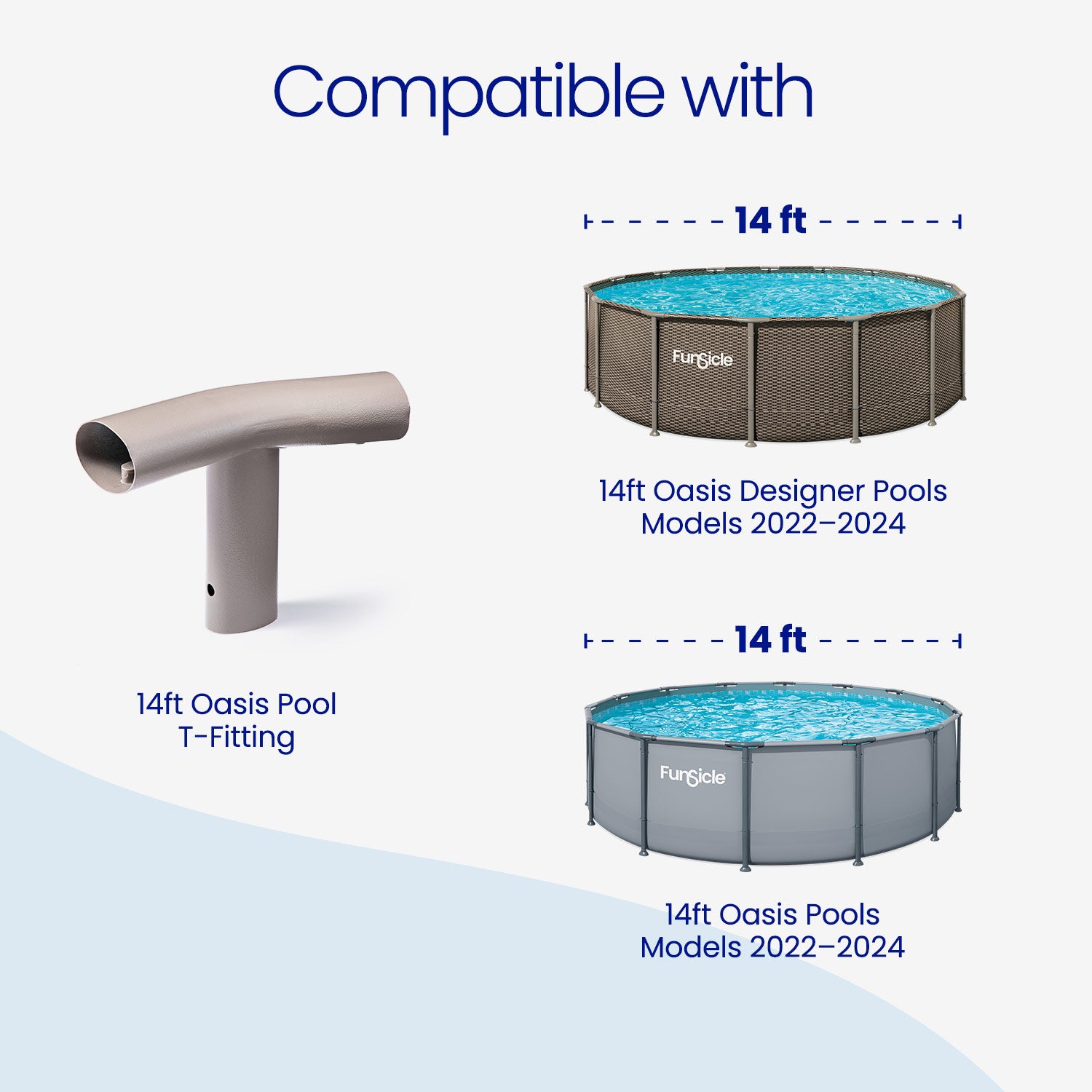 Funsicle pool components with text indicating compatibility with 14ft Oasis Designer Pools.