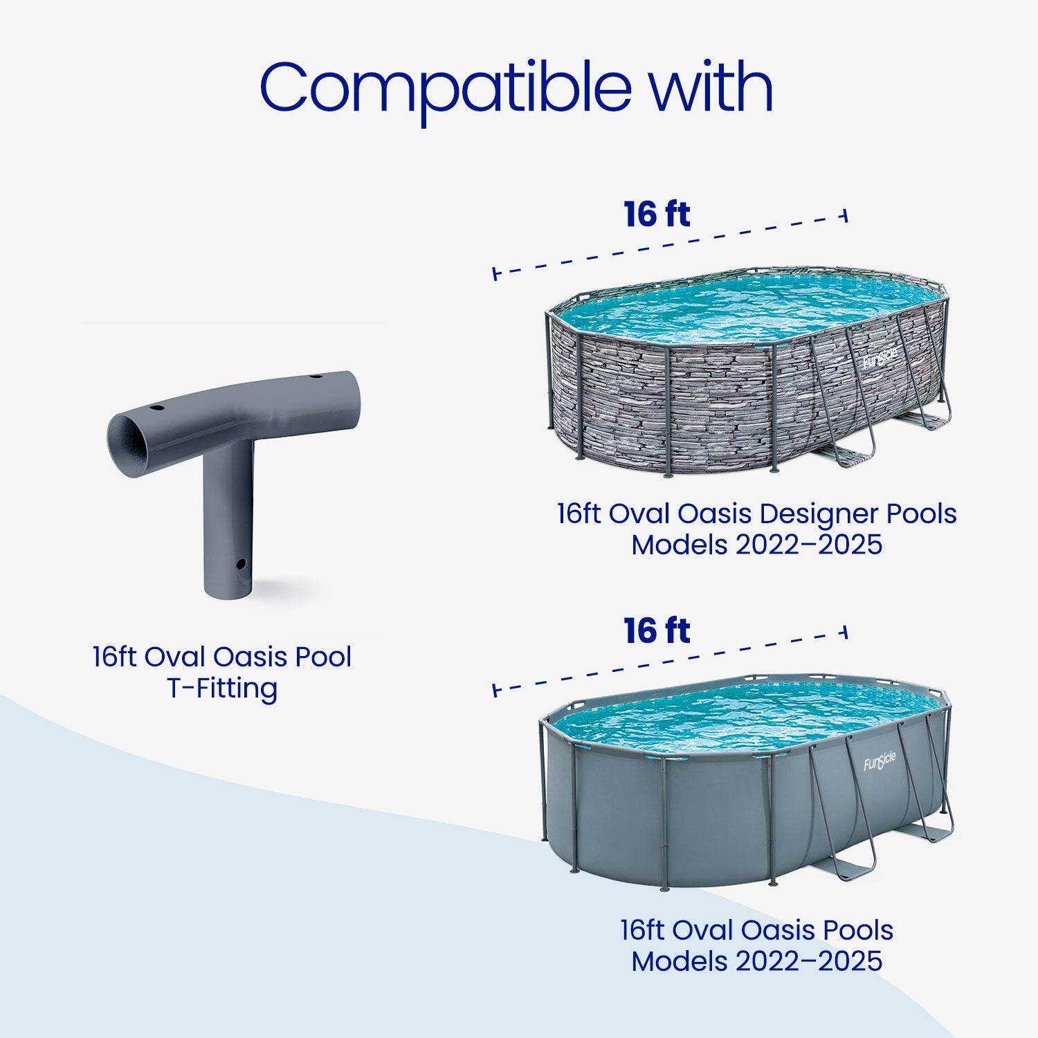 Oval pool T-fitting with text indicating compatibility with 16ft Oval Oasis Designer Pools from 2022 to 2025.