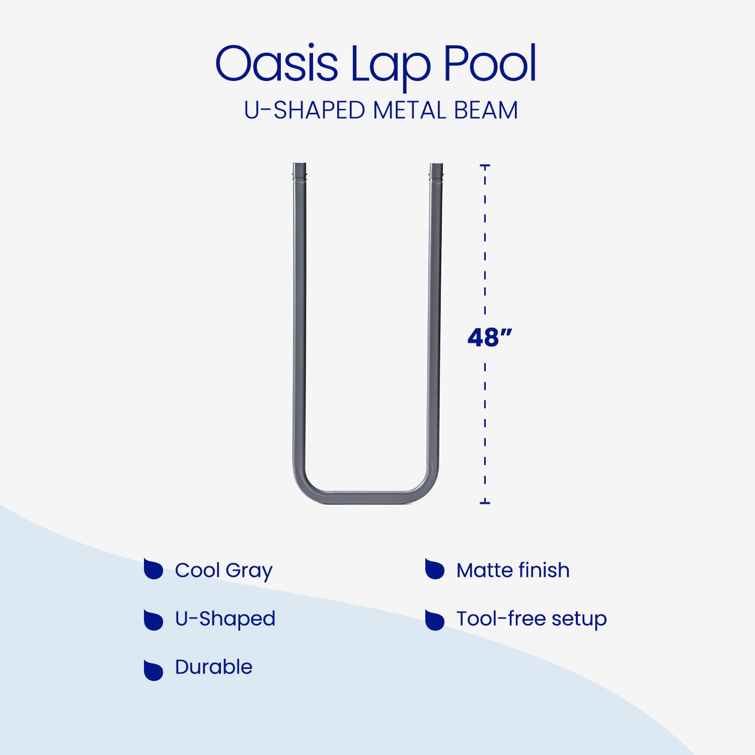 Oasis Lap Pool U-shaped metal beam with dimensions and features on a white background