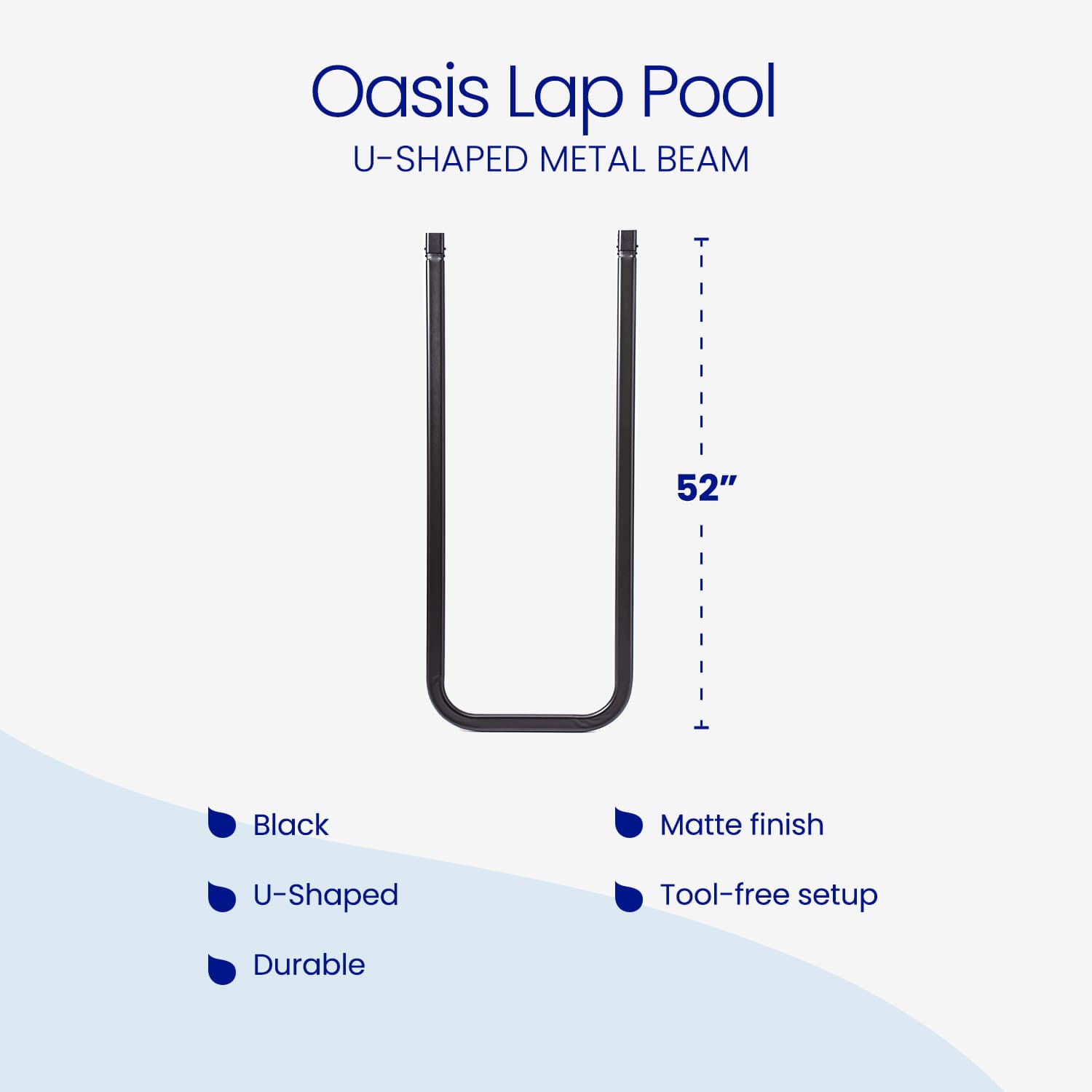 U-shaped metal beam labeled 'Oasis Lap Pool' with specifications on a white background