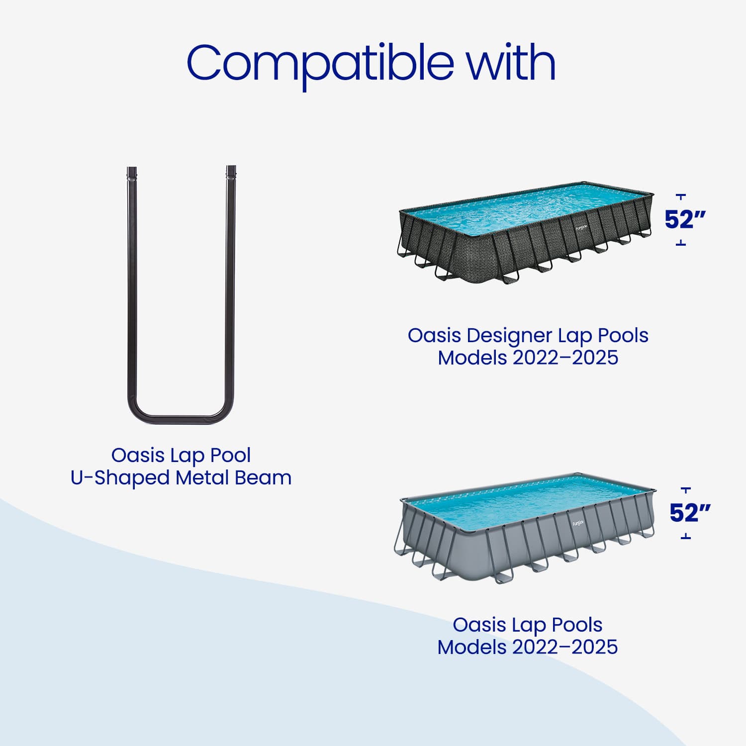 Compatibility chart for Oasis Lap Pool U-Shaped Metal Beam and pools from 2022-2025 on a white background.