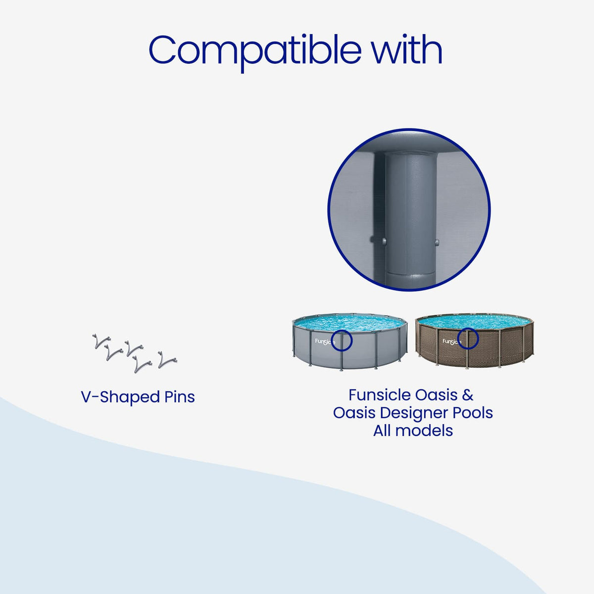 Funsicle V-Shaped Pins shown beside a gray Funsicle Oasis pool and a rattan Oasis Designer pool, with a close-up of the pins securing a vertical leg. Compatible with all Funsicle Oasis and Oasis Designer Pool models.