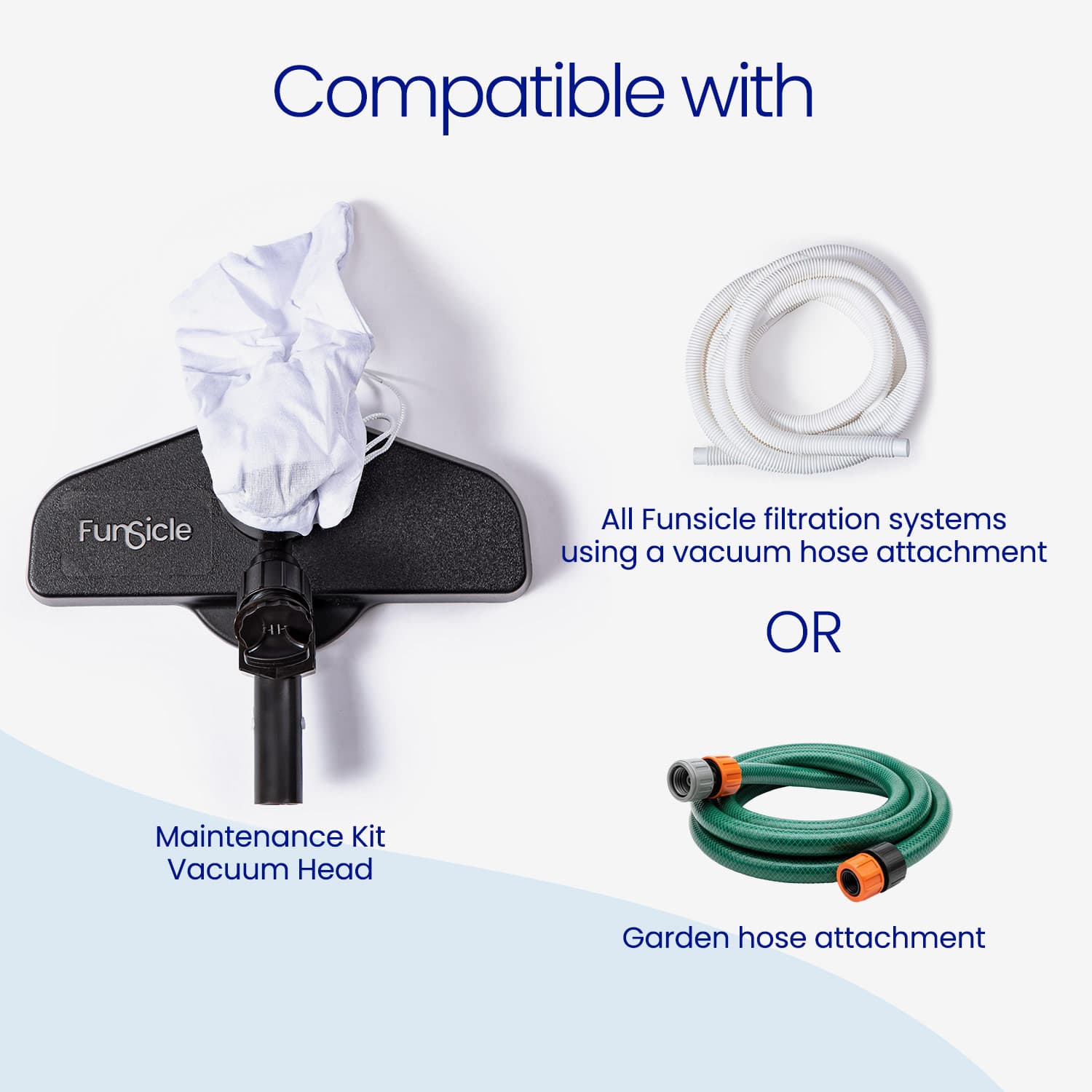Funsicle maintenance kit with vacuum head and garden hose attachment on a white background