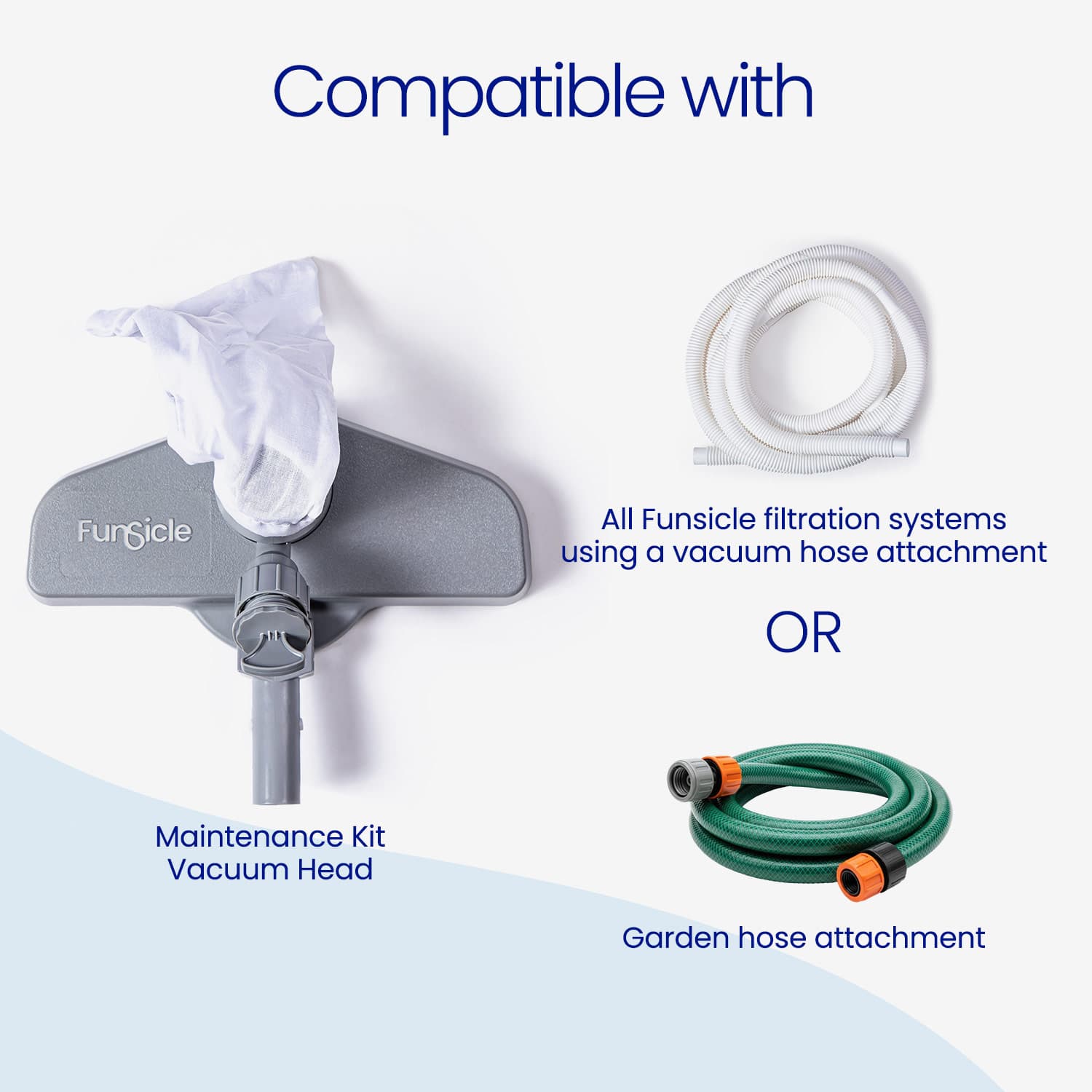 Funsicle filtration system components including a vacuum head, maintenance kit, and garden hose attachment on a white background.