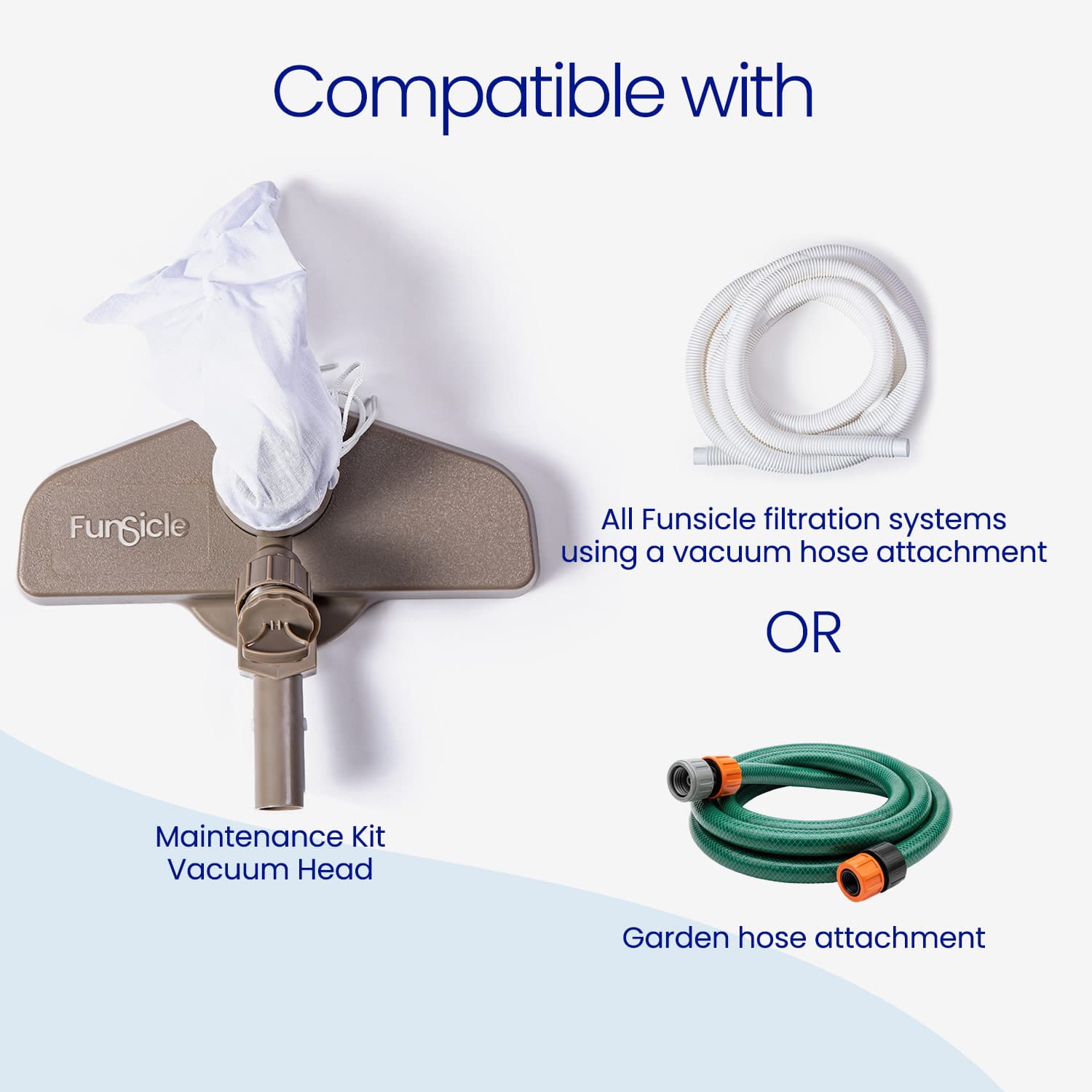 Funsicle maintenance kit with vacuum head and garden hose attachment on a white background