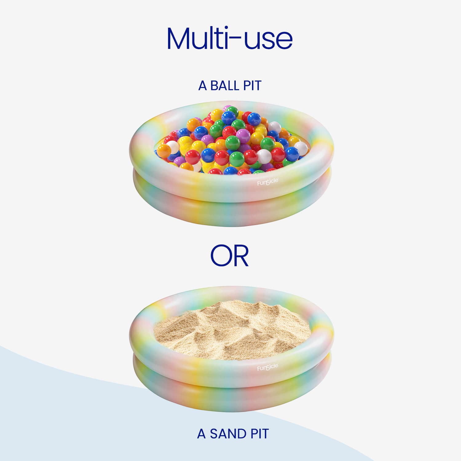 Inflatable pool with colorful balls and sand, labeled for multi-use as a ball pit or sand pit.