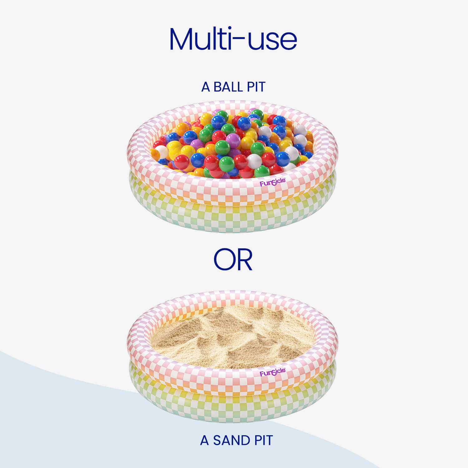 Inflatable ball pit with colorful balls and sand pit on a white background