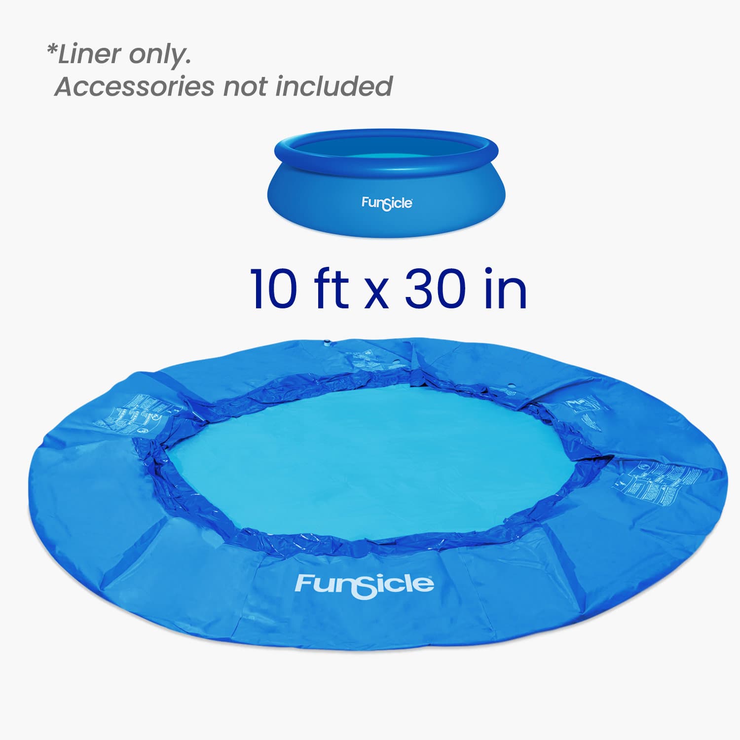 Blue inflatable pool liner with dimensions 10 ft x 30 in on a white background