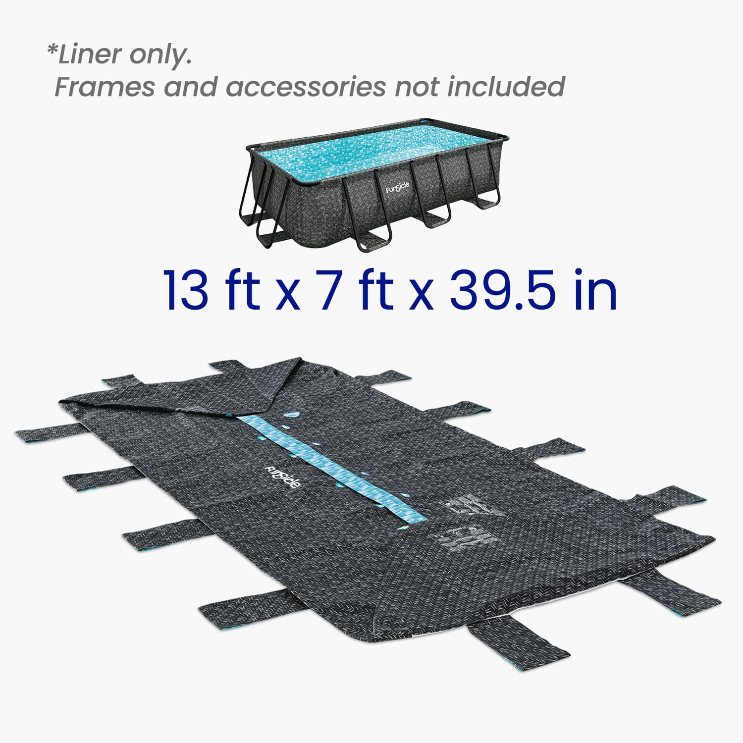 Pool liner with dimensions 13 ft x 7 ft x 39.5 in, shown with a pool in the background.
