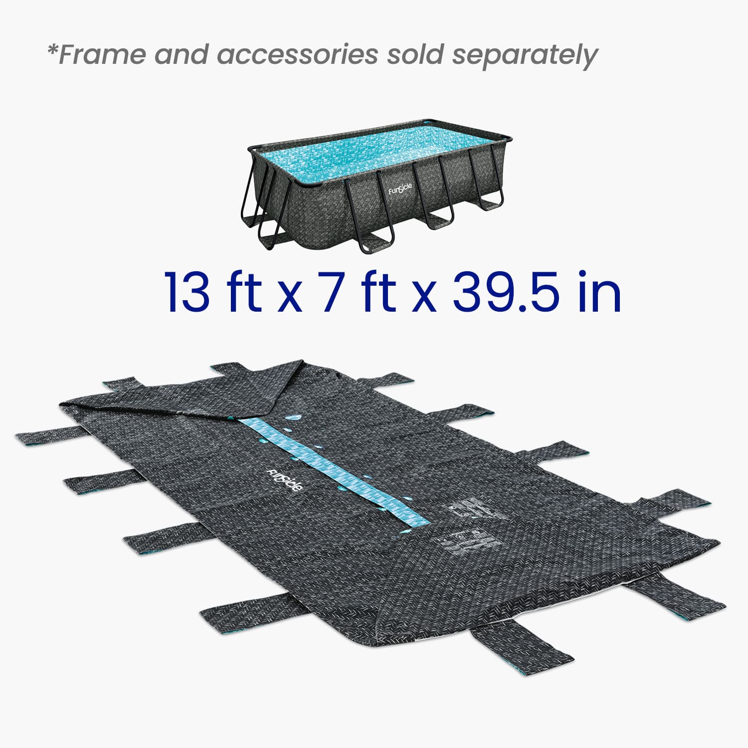 Rectangular above-ground pool liner with dimensions displayed on a white background