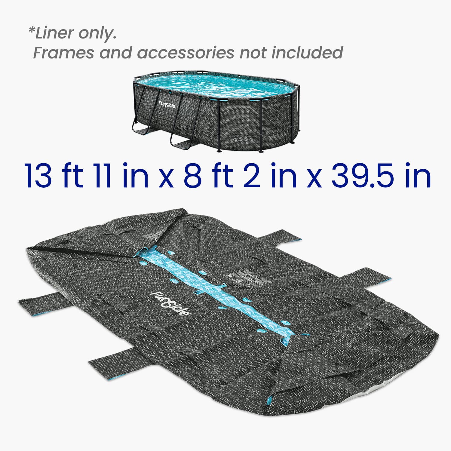 Pool liner with dimensions displayed on a white background