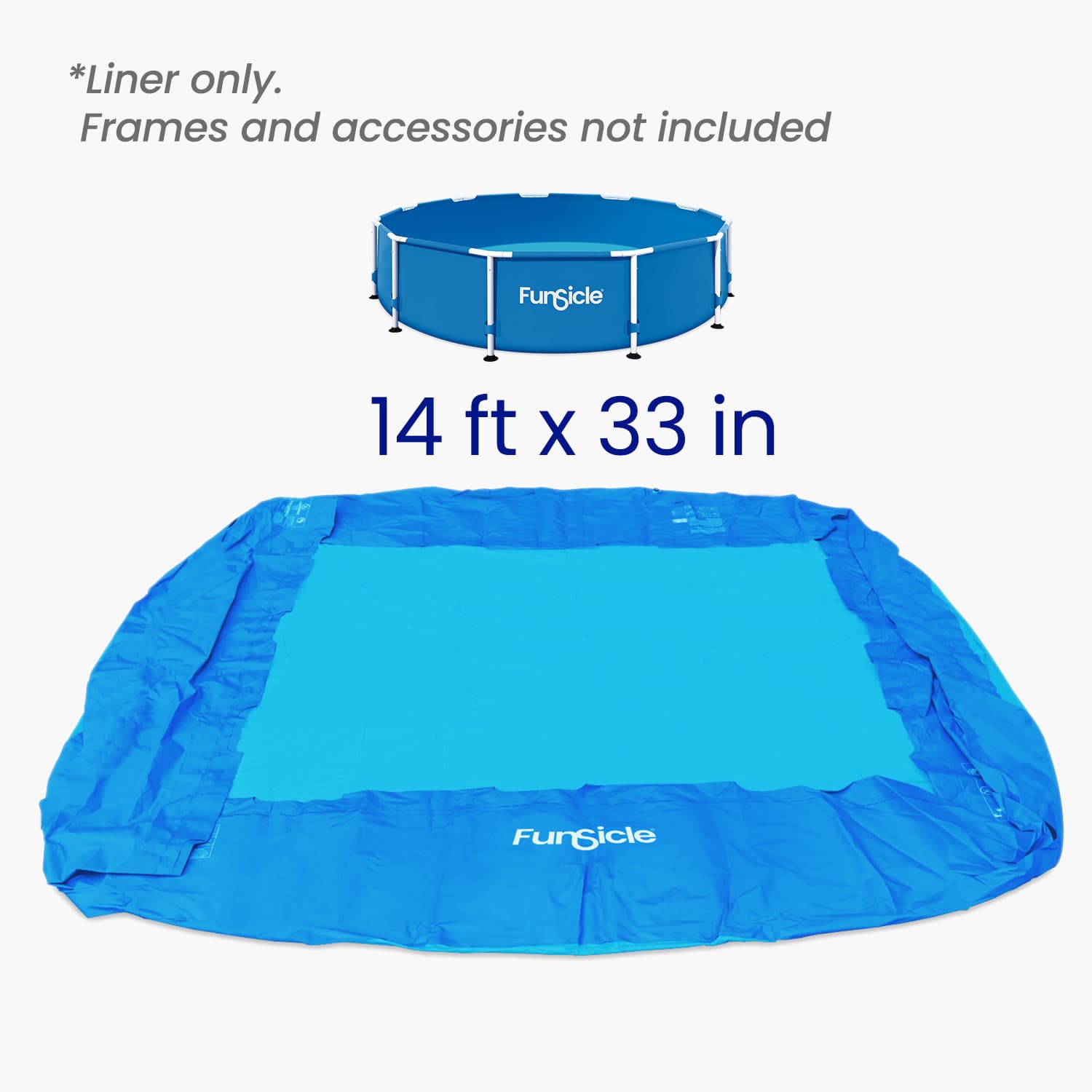 Blue pool liner with dimensions 14ft x 33 in, featuring the 'Funsicle' brand on a white background.