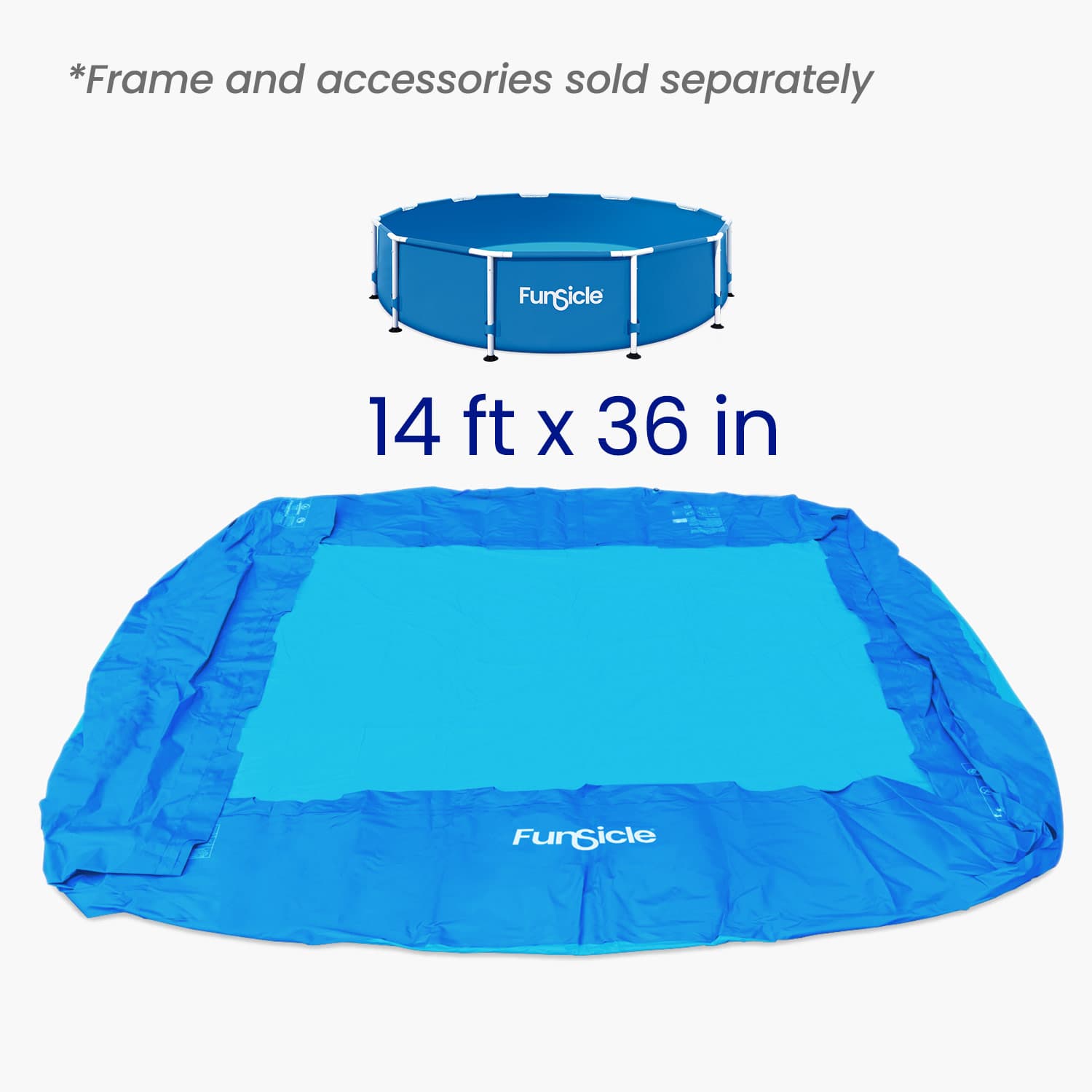 Blue ipool liner with dimensions on a white background