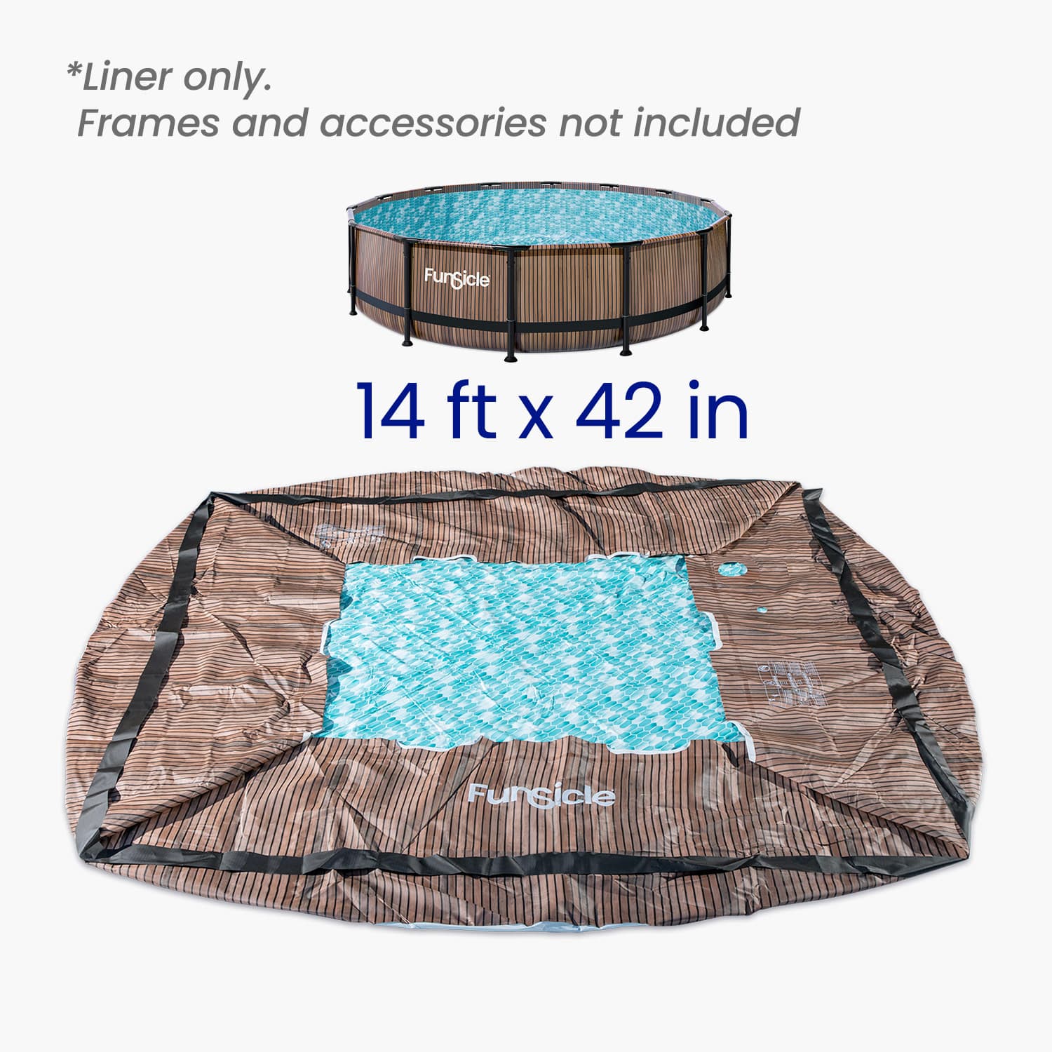 Funsicle pool liner with dimensions 14 ft x 42 in, shown with a pool frame in the background.