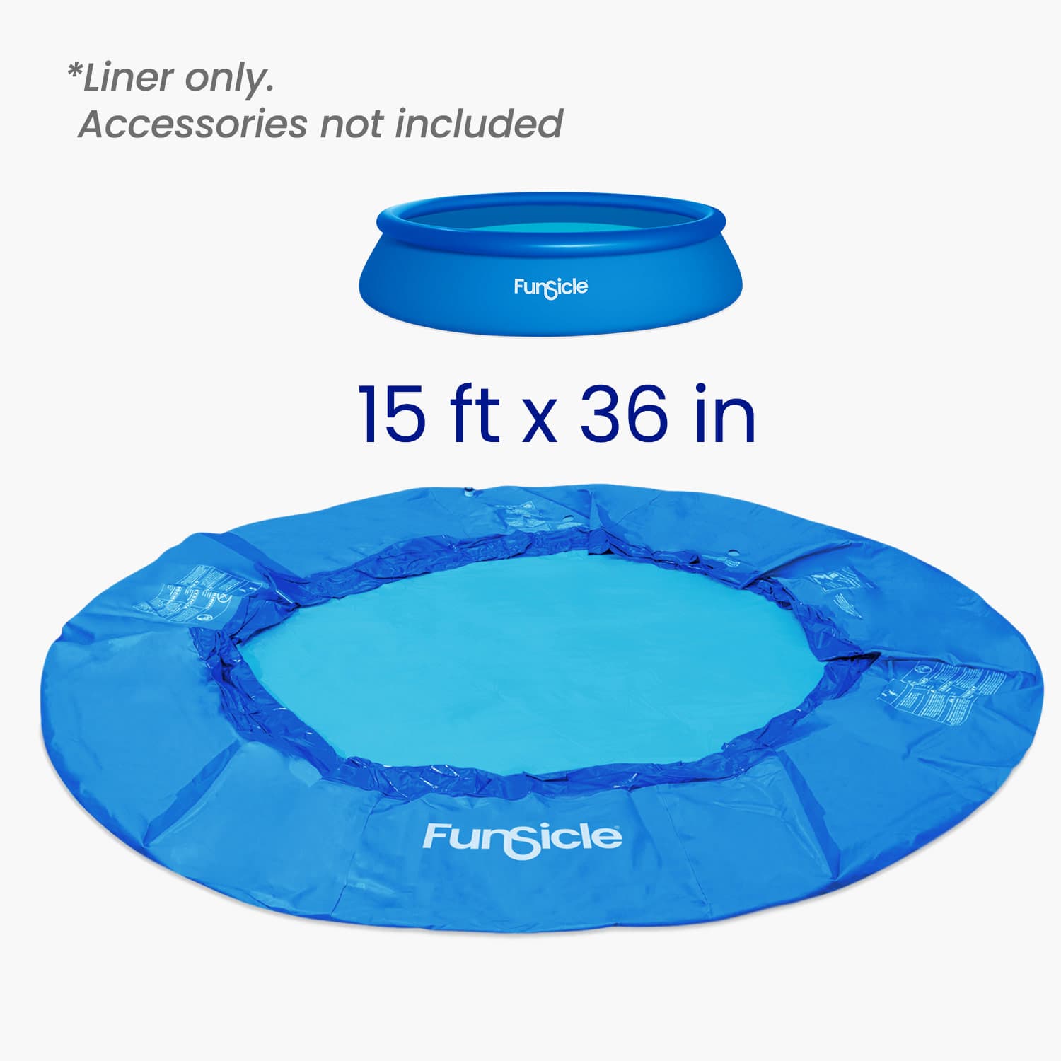 Blue inflatable pool liner with 'Funsicle' branding on a white background