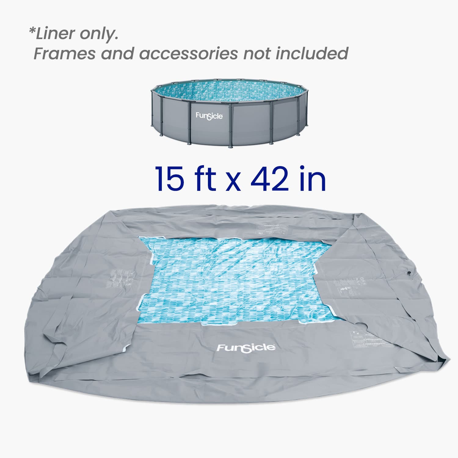 Pool liner with dimensions 15 ft x 42 in, shown with a pool frame in the background.