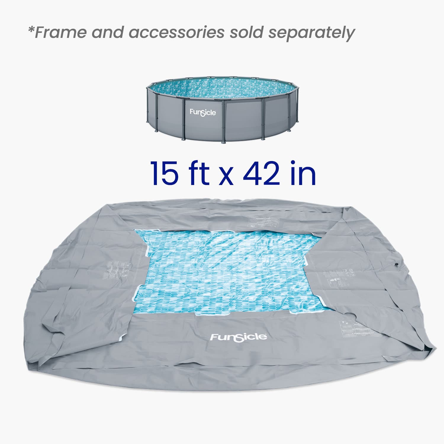 Pool liner with dimensions with pool above on a white background
