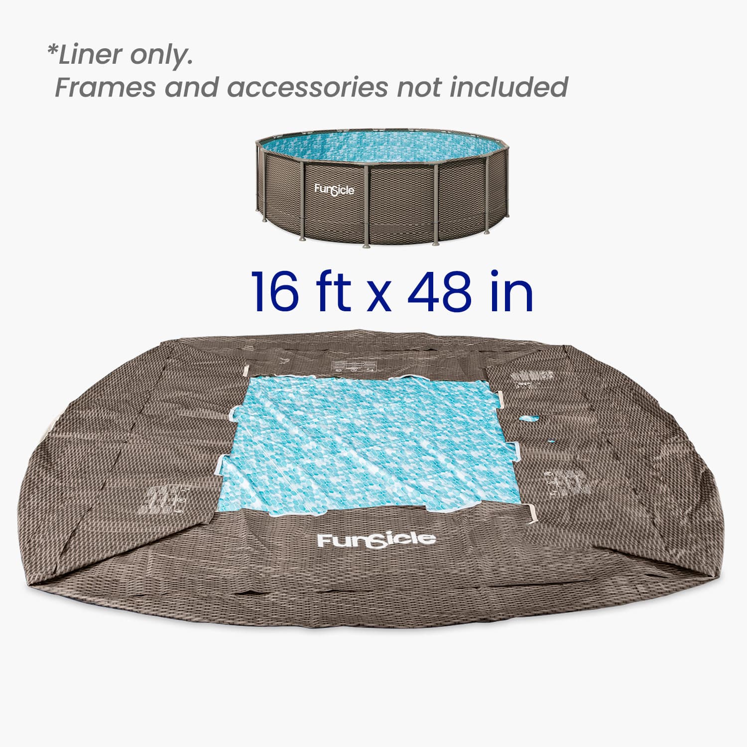 Pool liner with dimensions 16 ft x 48 in, shown with a pool frame in the background.