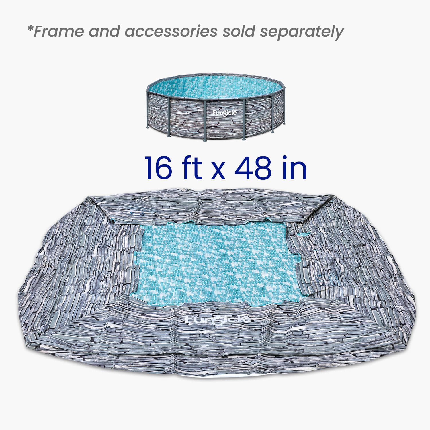 Pool liner with stone-like design and text indicating size and product name.