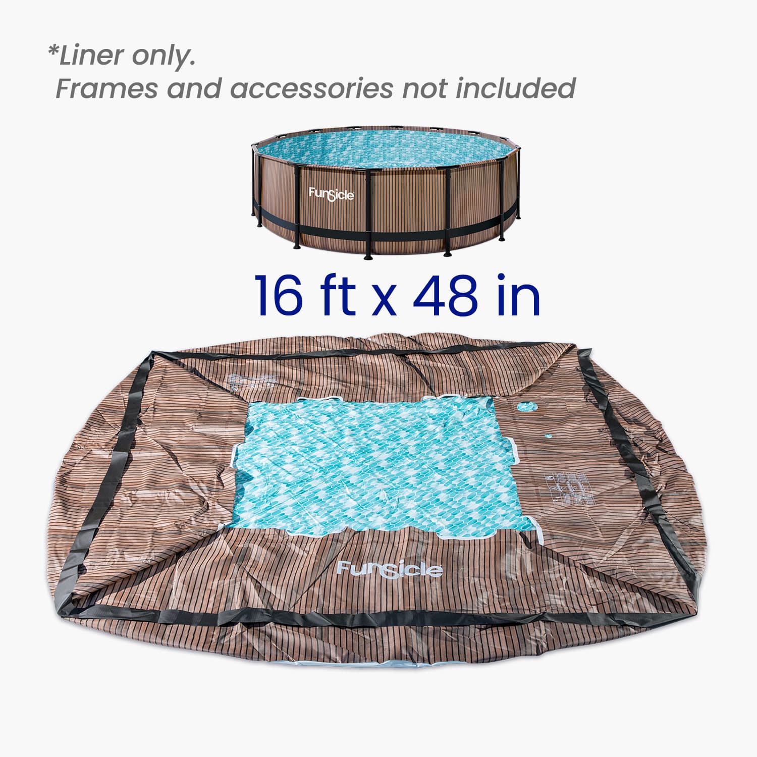 Funsicle pool liner with dimensions on white background