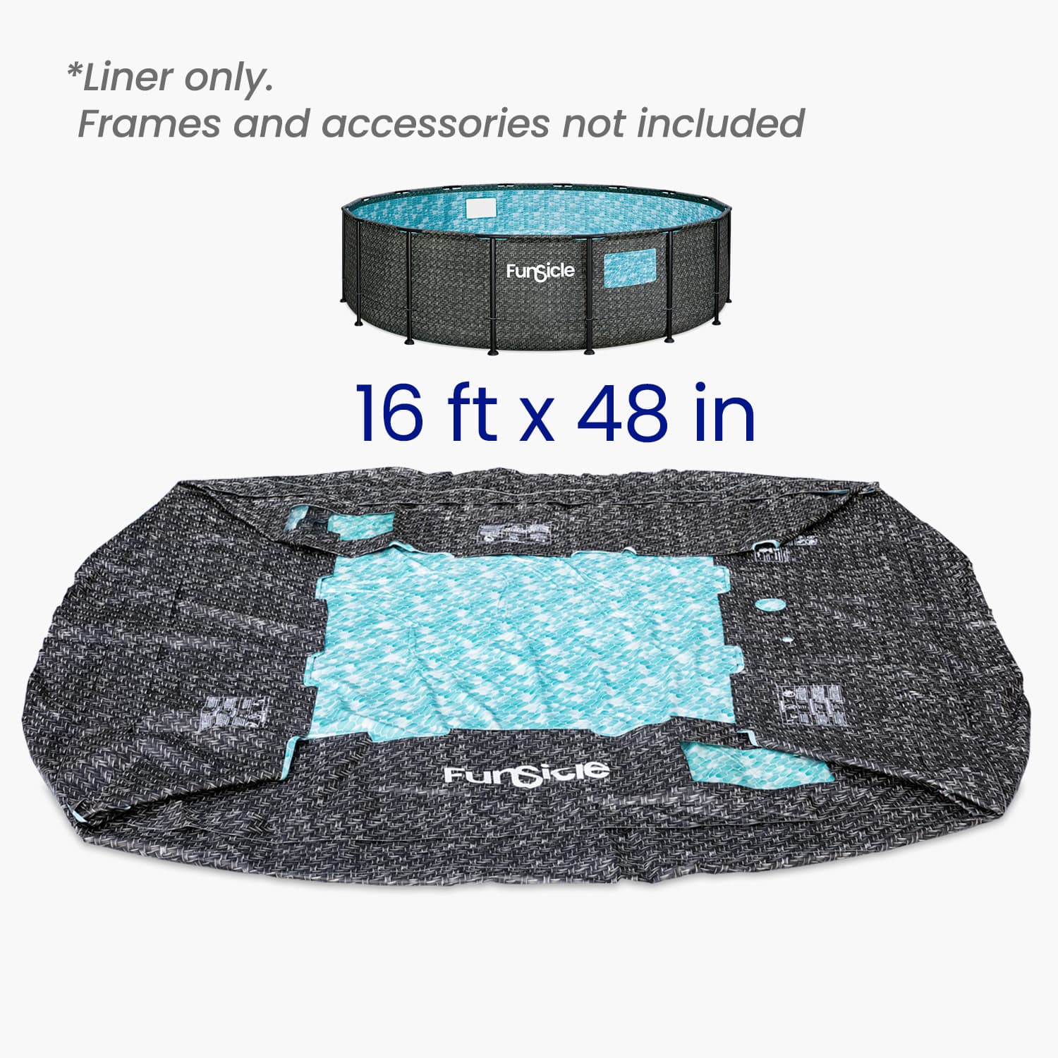 Funsicle pool liner with dimensions 16 ft x 48 in, shown with a black border on a white background.